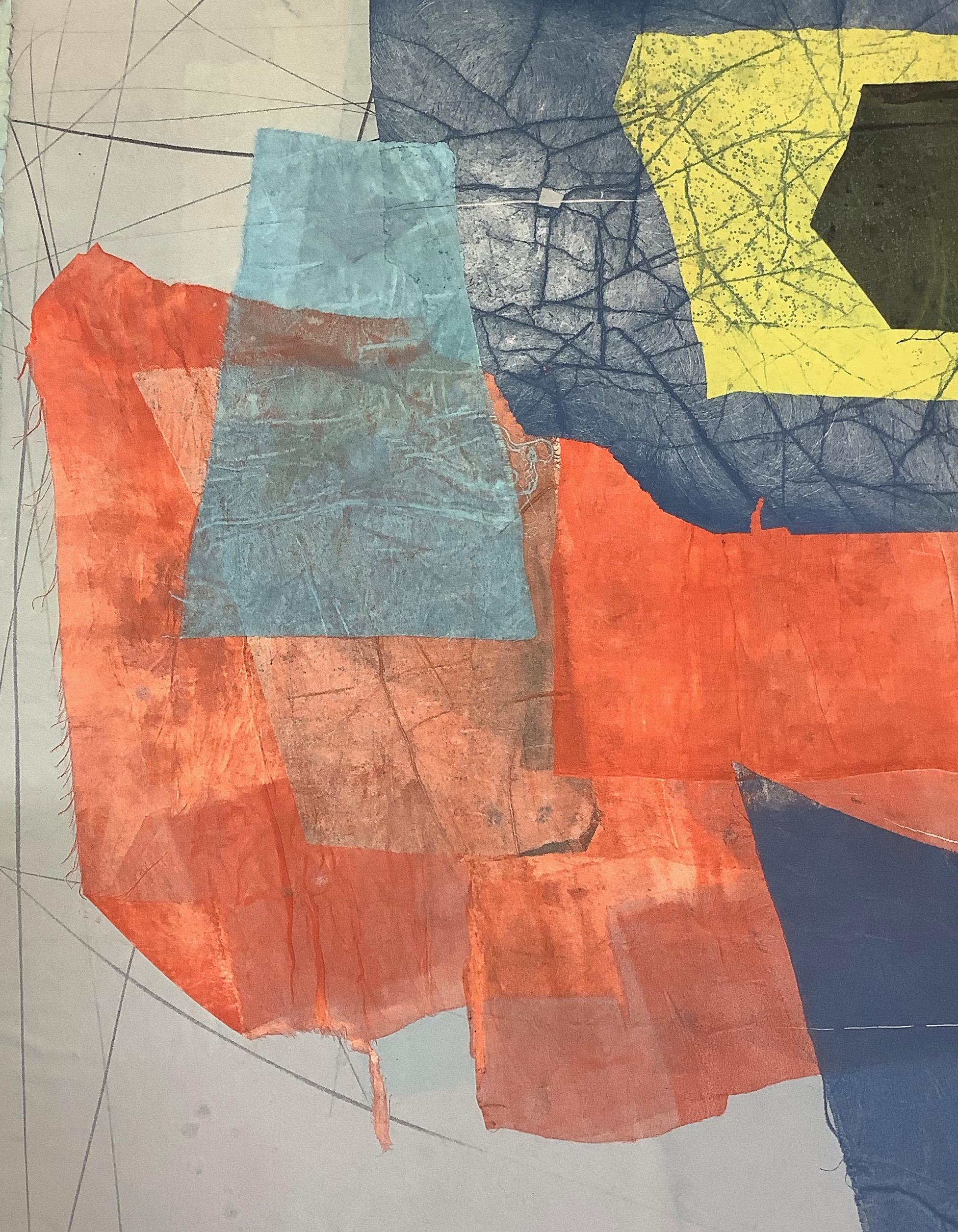 Seide und Stein acht, geometrische abstrakte Monotypie in Rot, Blau, Gelb und Koralle (Zeitgenössisch), Print, von David Collins