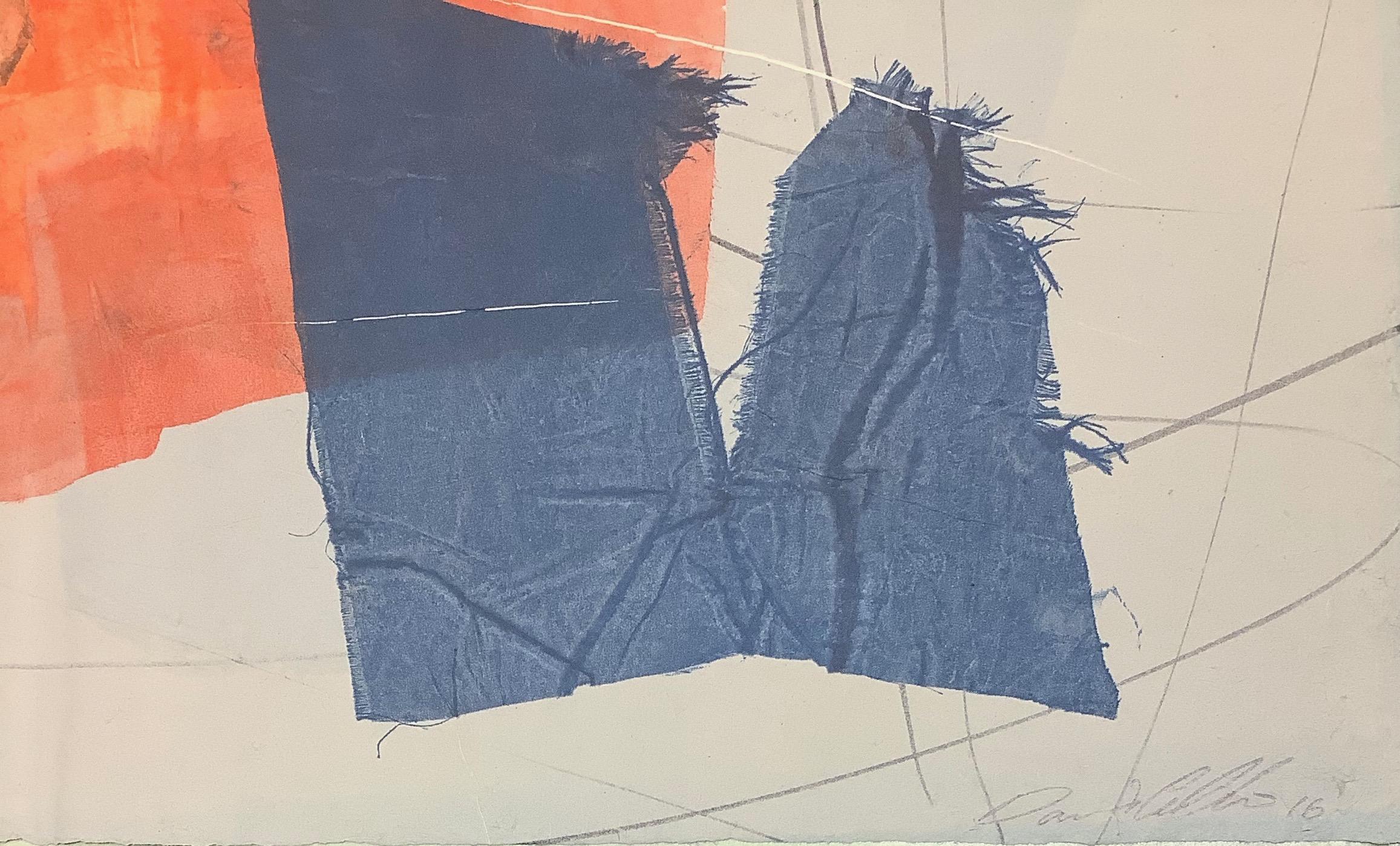 This is a monotype print, a unique print with no other editions. This monotype on delicate Asian paper layers geometric shapes in yellow, coral, red and blue on a soft blue gray background.

Available unframed, please inquire with the gallery for