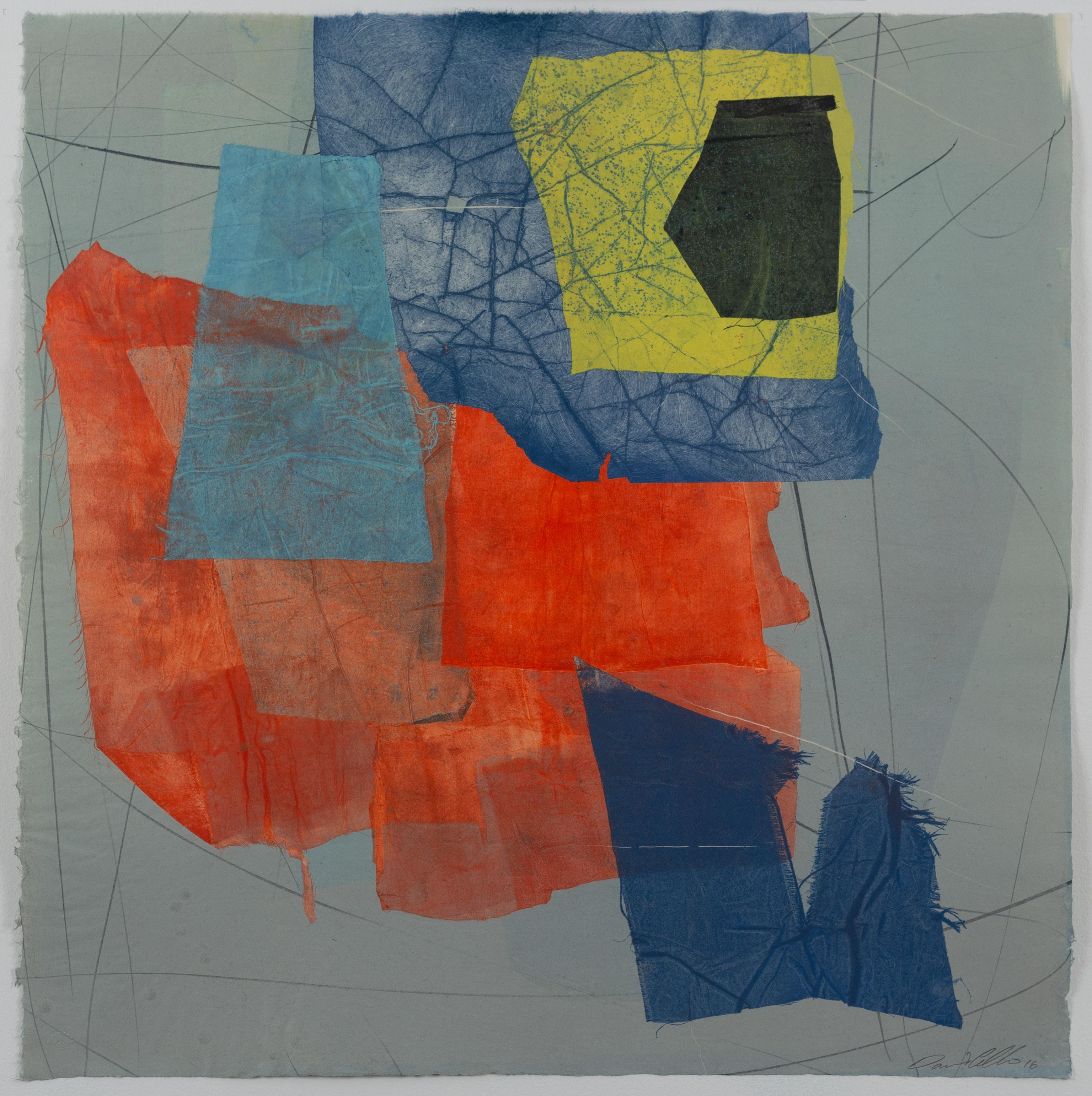 Silk and Stone Eight, Geometric Abstract Monotype in Red, Blue, Yellow, Coral