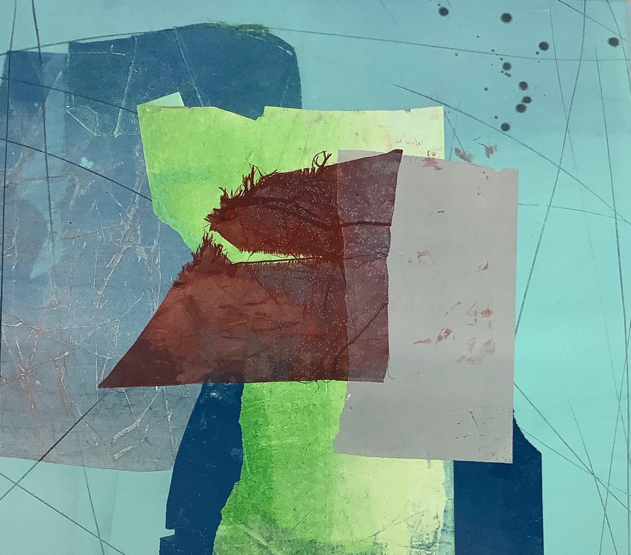 Seide und Stein Fünf, Geometrische abstrakte Monotypie in Koralle, Grün, Marine, Blau (Zeitgenössisch), Print, von David Collins