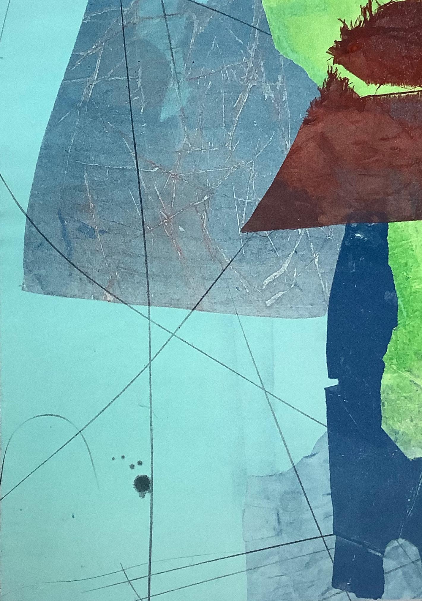 Seide und Stein Fünf, Geometrische abstrakte Monotypie in Koralle, Grün, Marine, Blau im Angebot 2
