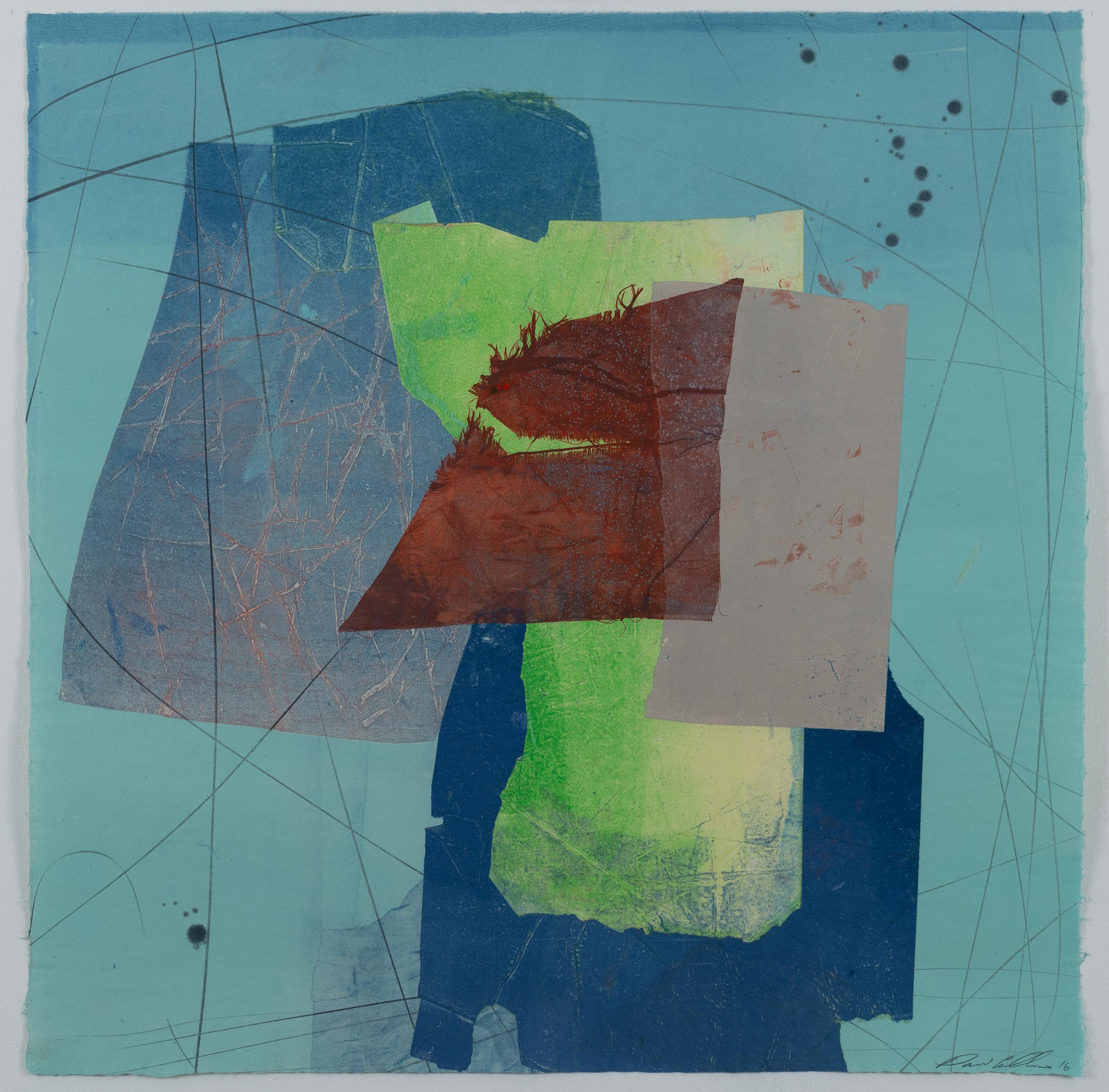 David Collins Abstract Print – Seide und Stein Fünf, Geometrische abstrakte Monotypie in Koralle, Grün, Marine, Blau