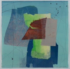 Seide und Stein Fünf, Geometrische abstrakte Monotypie in Koralle, Grün, Marine, Blau