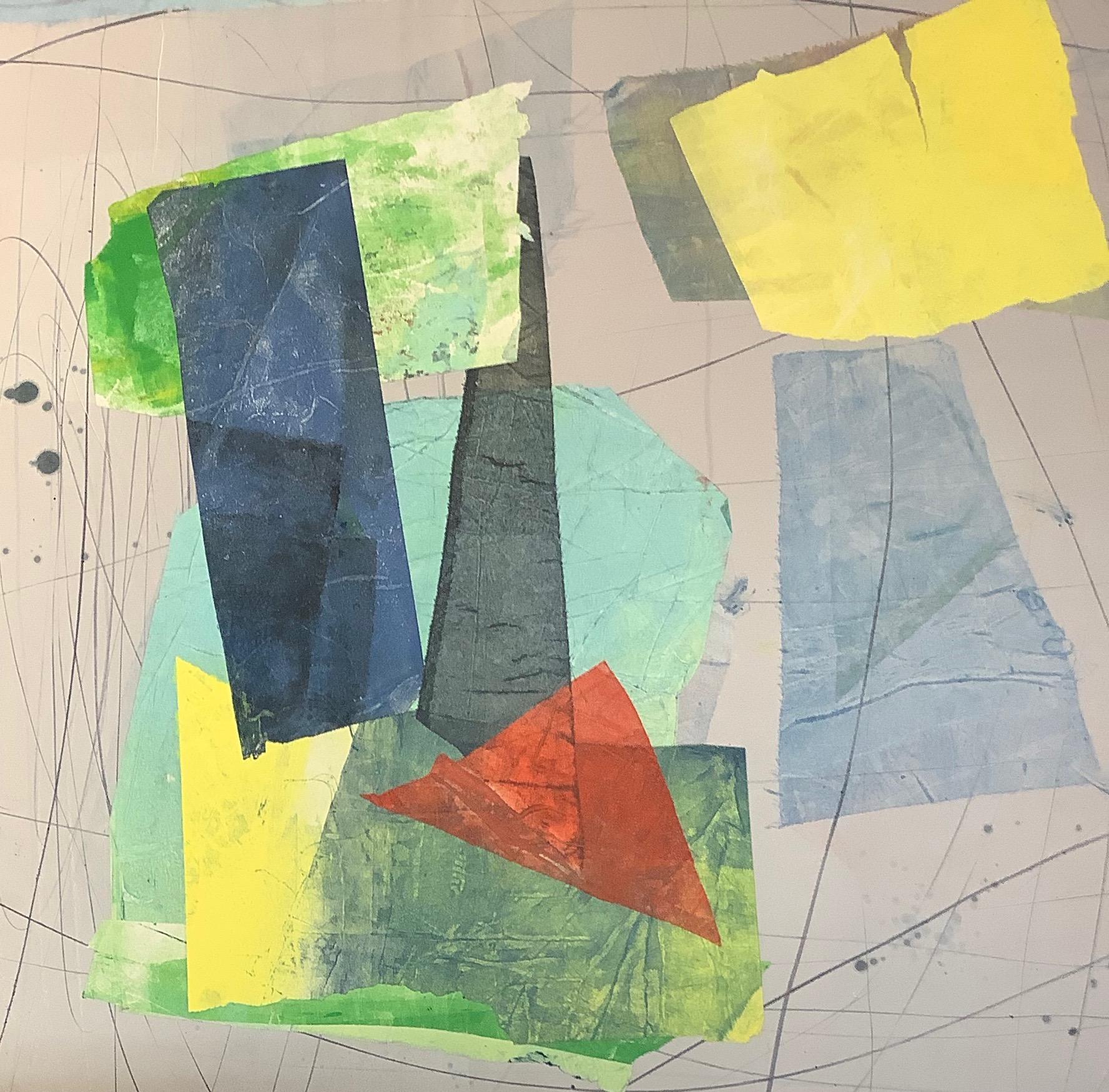 Silk and Stone Nine, Geometric Abstract Monotype, Yellow, Blue, Gray, Green - Print by David Collins