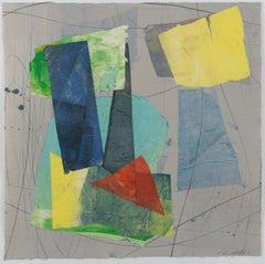 Silk and Stone Nine, Geometric Abstract Monotype, Yellow, Blue, Gray, Green