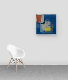 Silk and Stone One, Geometric Abstract Monotype, Yellow, Indigo Blue, Coral