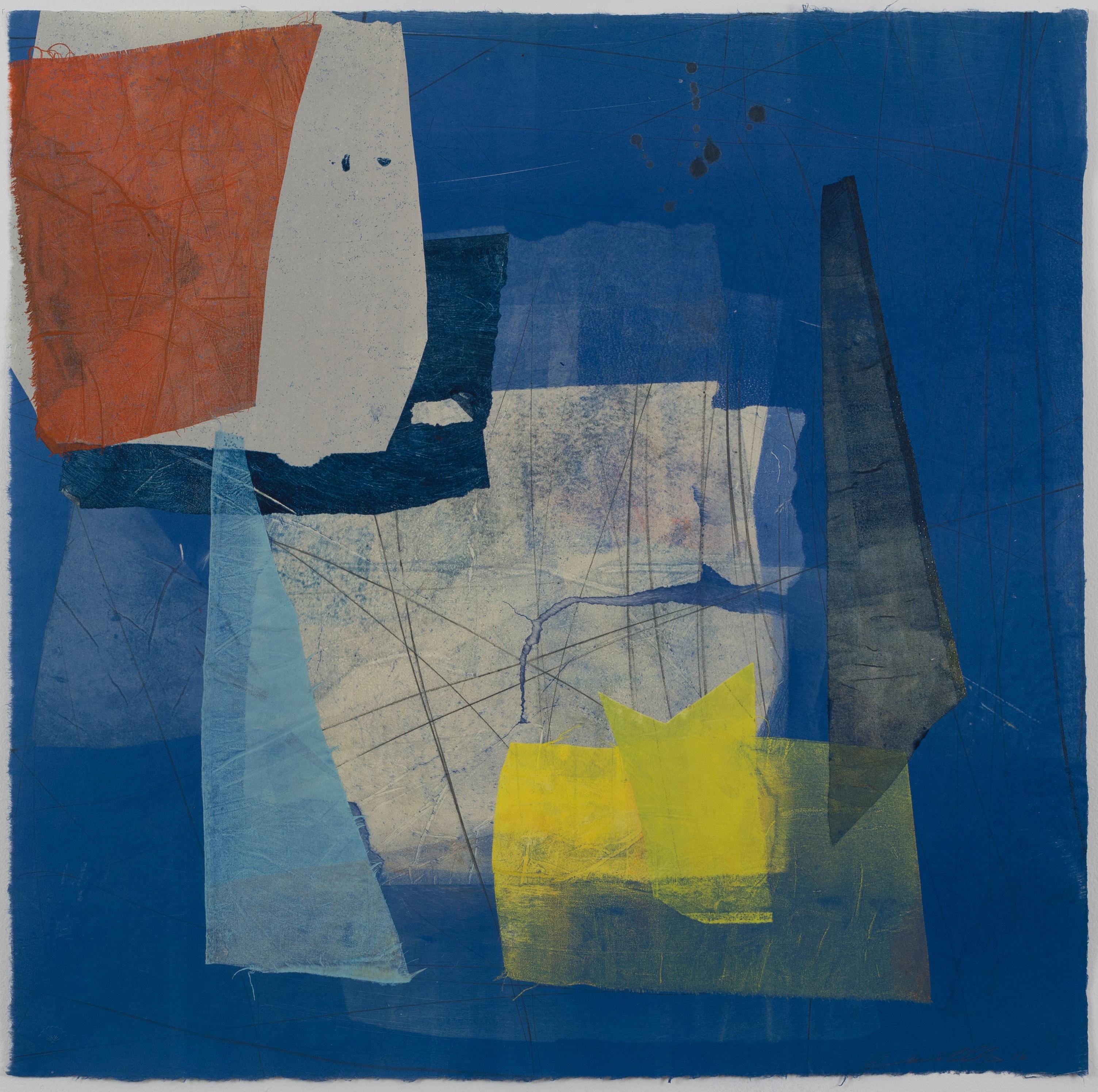 David Collins Abstract Print – Seide und Stein One, Geometrische abstrakte Monotypie, Gelb, Indigoblau, Koralle