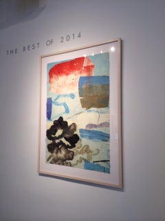 Sin título, monotipo geométrico abstracto vertical, azul claro, coral, negro