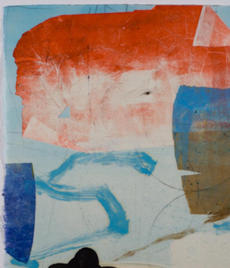 This is a monotype print meaning that it is a unique print with no other editions. This geometric abstract monotype on Asian paper layers shapes in cobalt blue, maroon, red, black, golden brown and gray tones on a pale blue and pale yellow