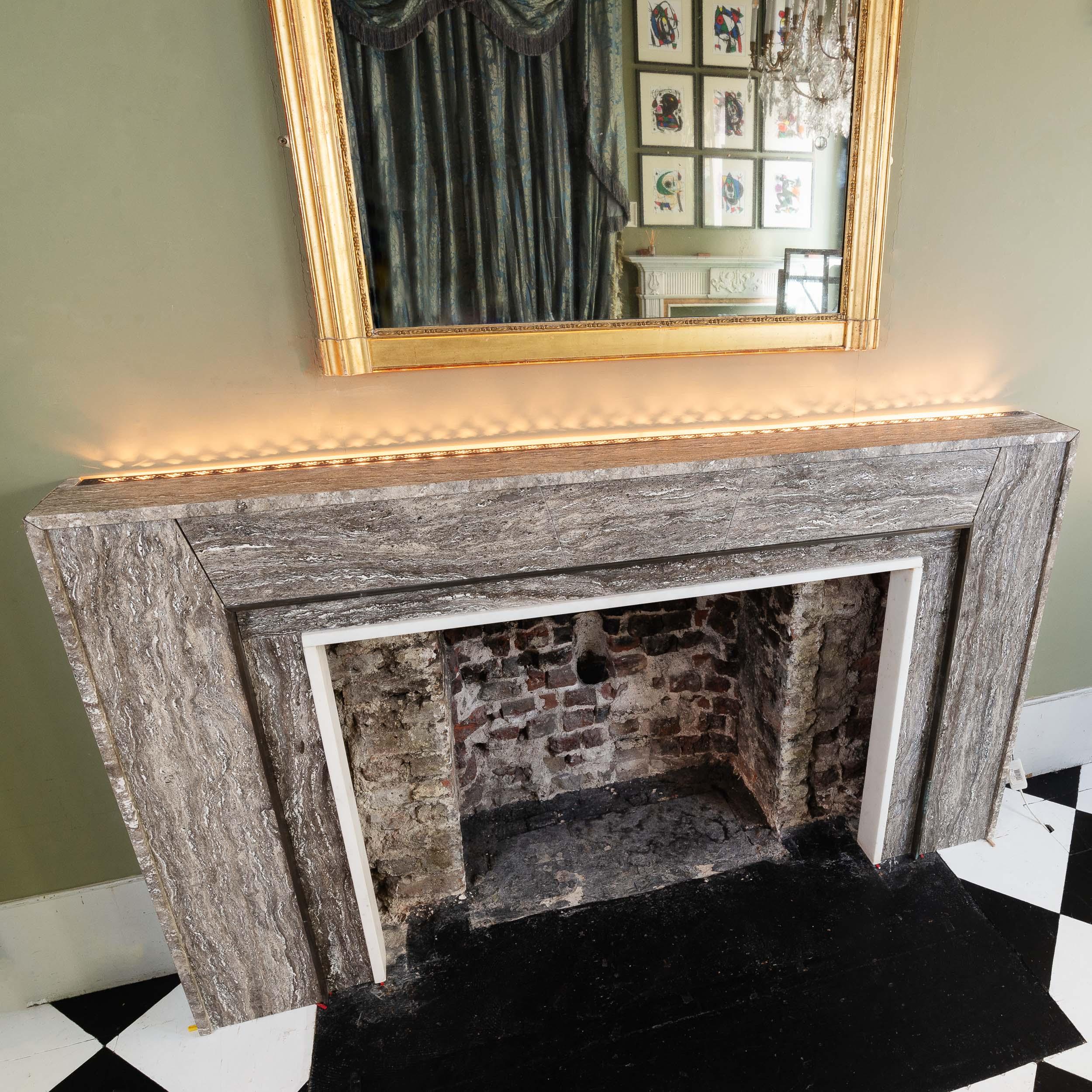 David Collins - A Brown Travertine, Bronze and Statuary Marble Fireplace For Sale 12