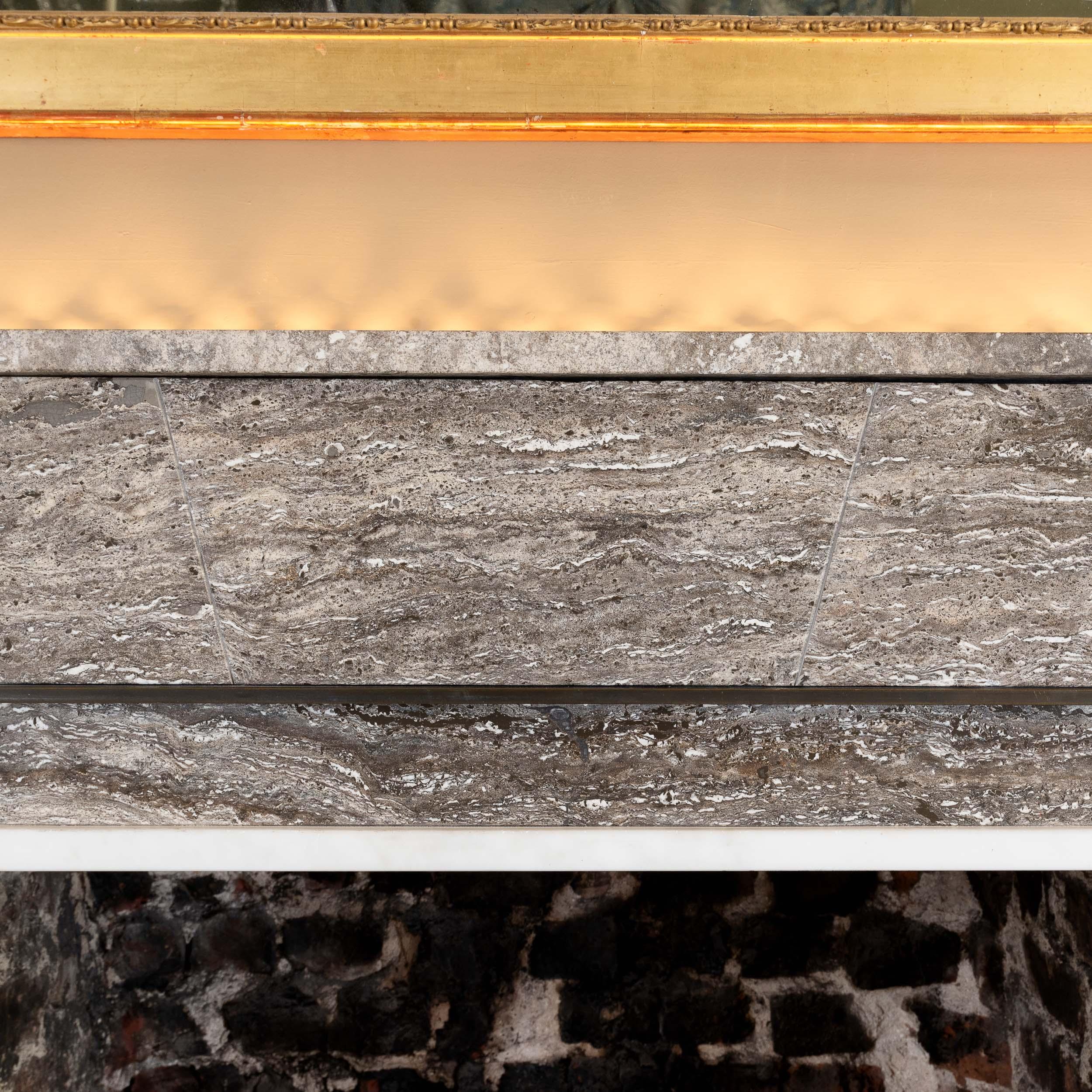 European David Collins - A Brown Travertine, Bronze and Statuary Marble Fireplace For Sale