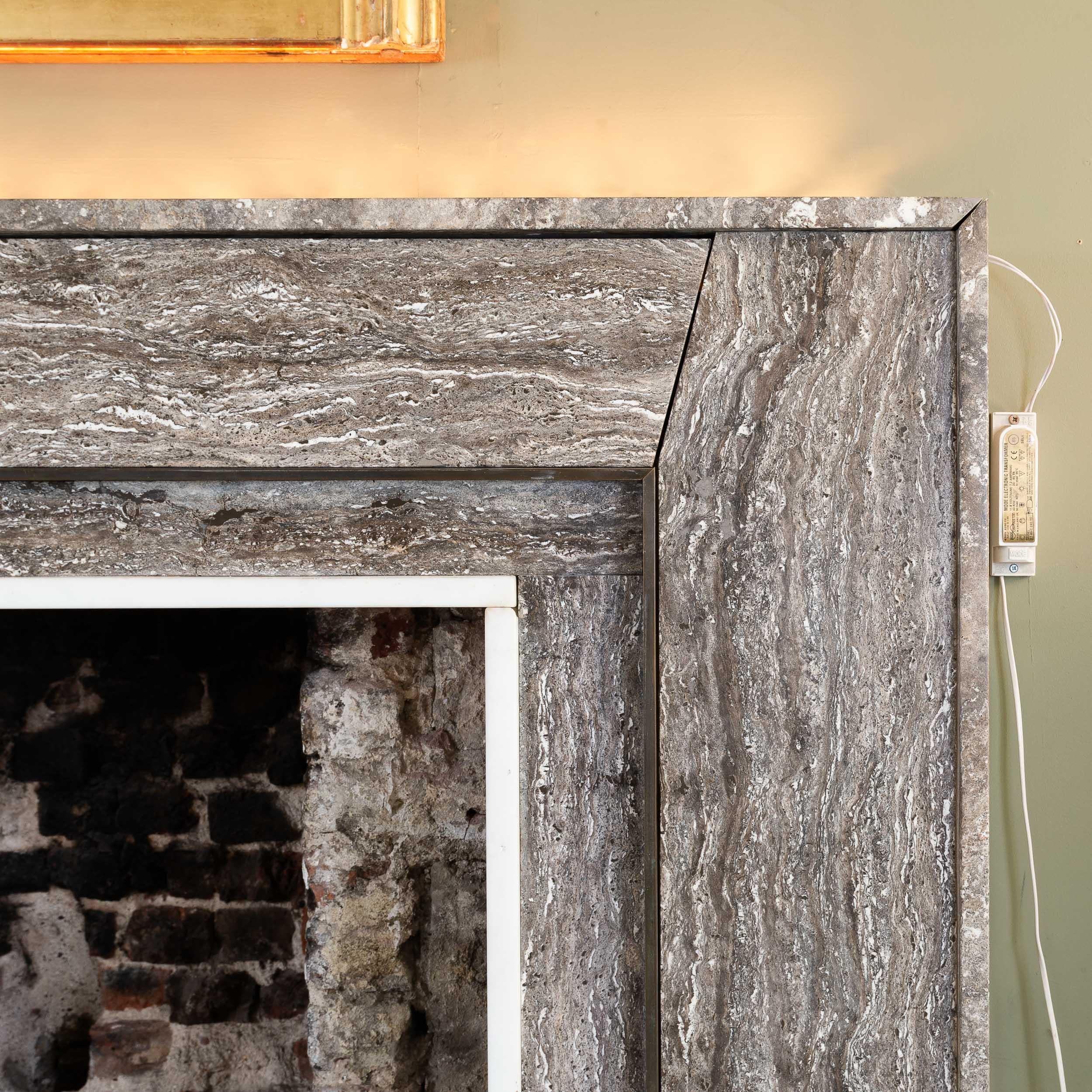 Contemporary David Collins - A Brown Travertine, Bronze and Statuary Marble Fireplace For Sale