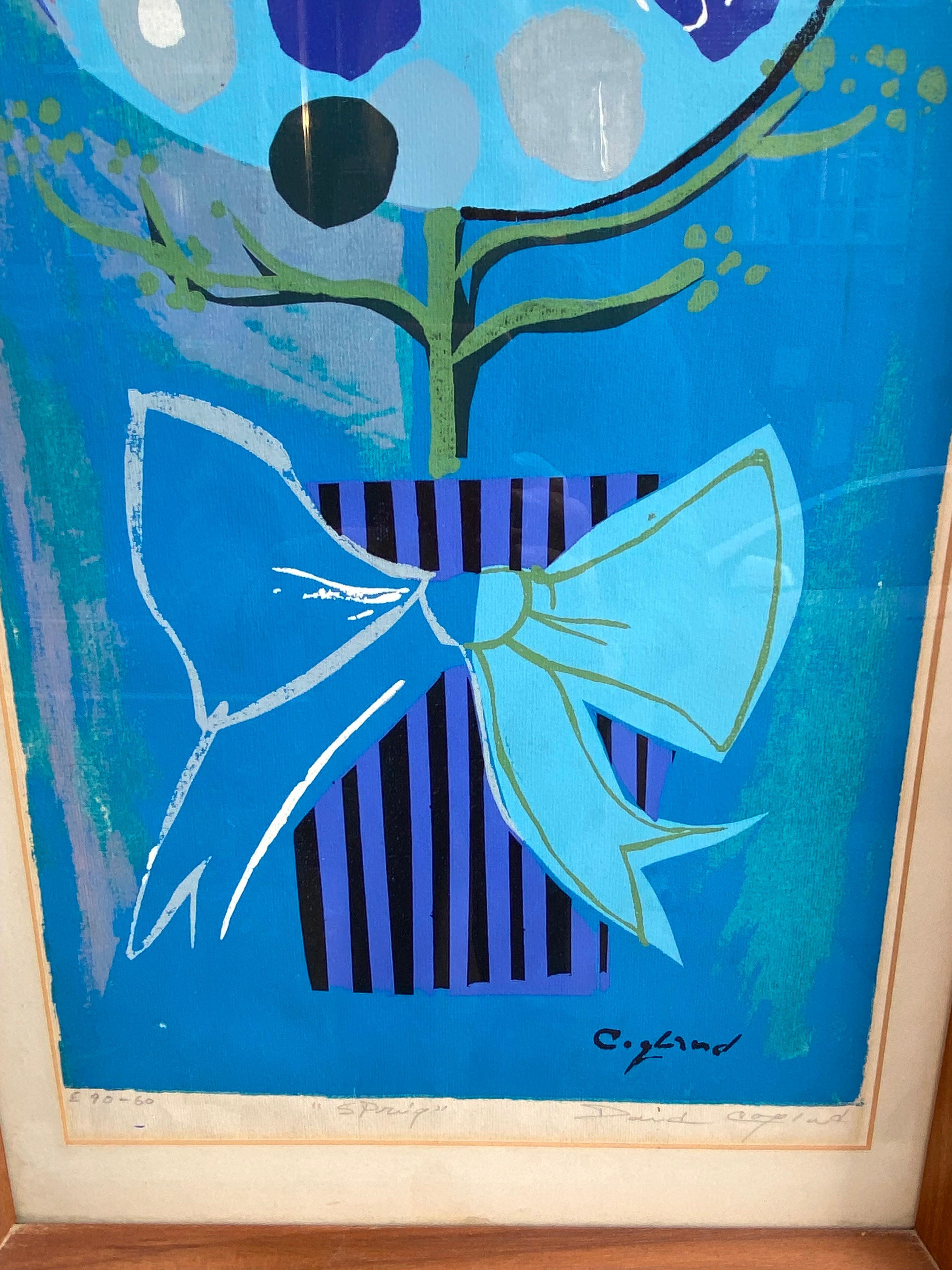 David Copeland Lithographie einer gestapelten Blume in einem Topf.  Tolle 60er-Jahre-Atmosphäre mit wirklich schönen Blautönen!  In gutem Zustand!  Sieht aus wie ein Originalrahmen!