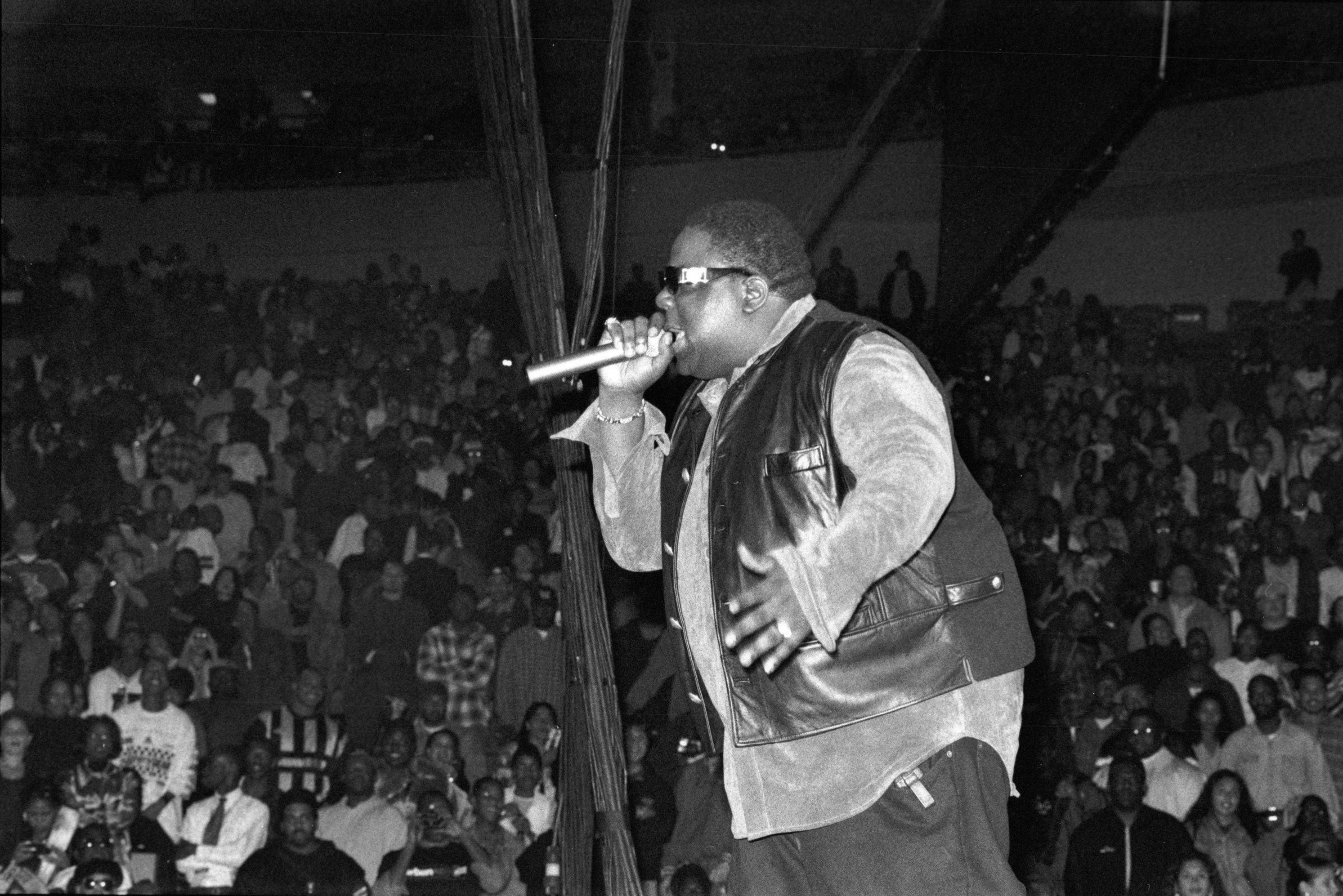 David Corio Portrait Photograph - Notorious B.I.G. Performing on Stage with Mic Vintage Original Photograph