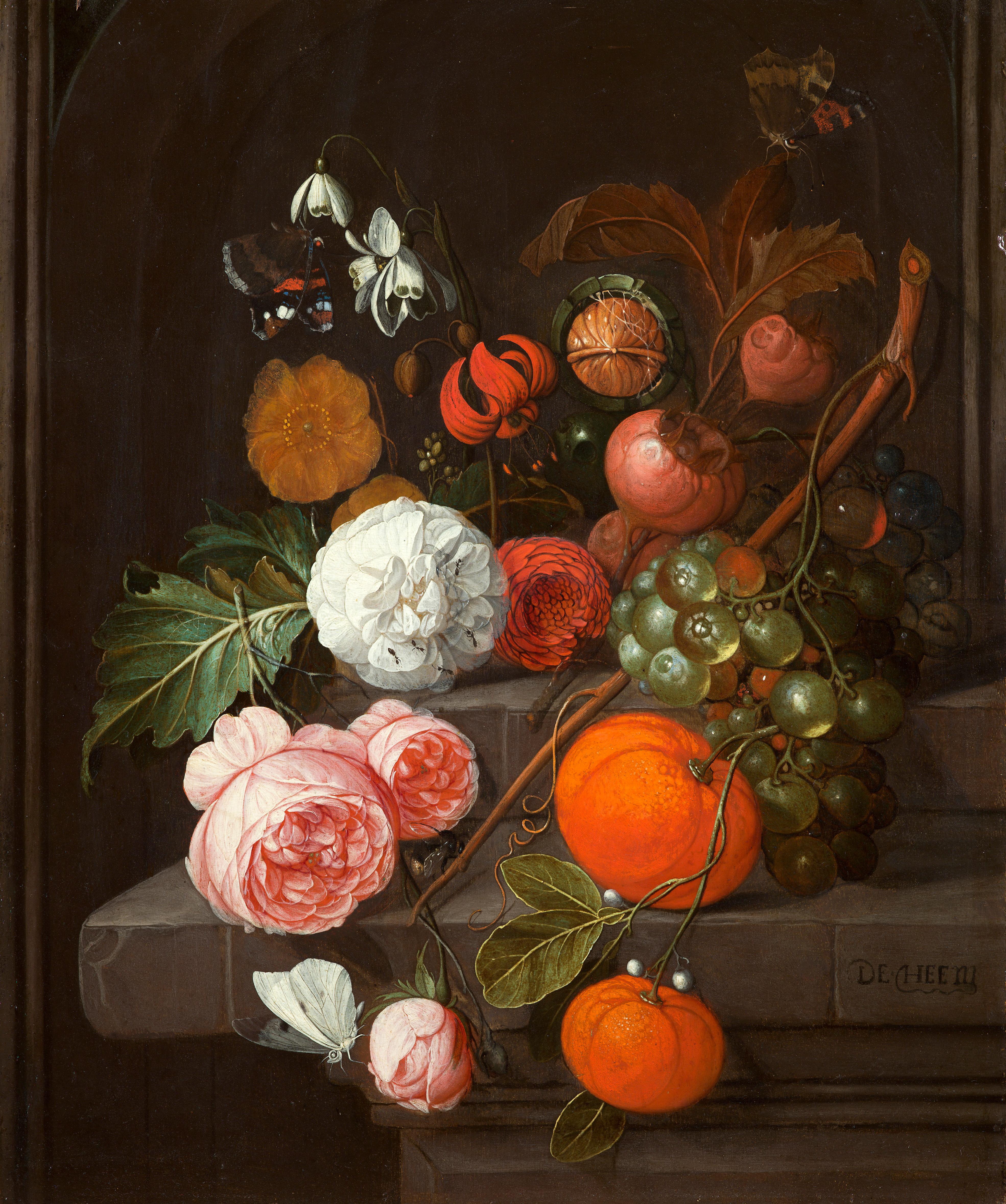 David Cornelisz de Heem Still-Life Painting - Roses, Lilies, Grapes, Oranges and Horse Chestnut on a Stone Ledge