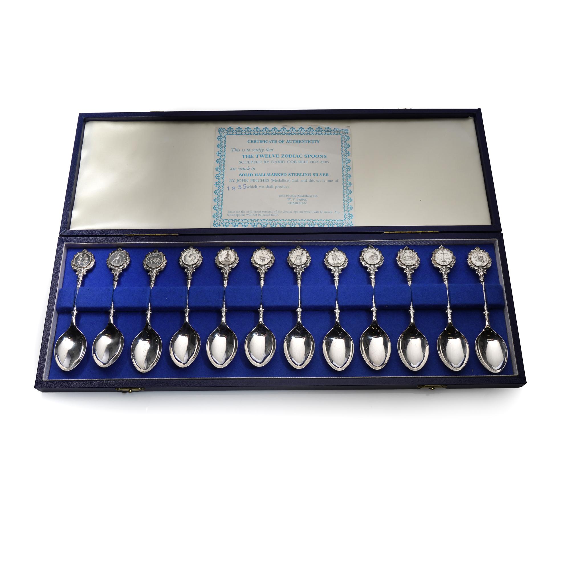 A complete set of 12 sterling silver spoons representing the 12 Zodiac signs. Each spoon features intricate sculptures created by David Cornell and struck in solid hallmarked sterling silver. 
Specifications:
Material: Sterling silver
Maker: John