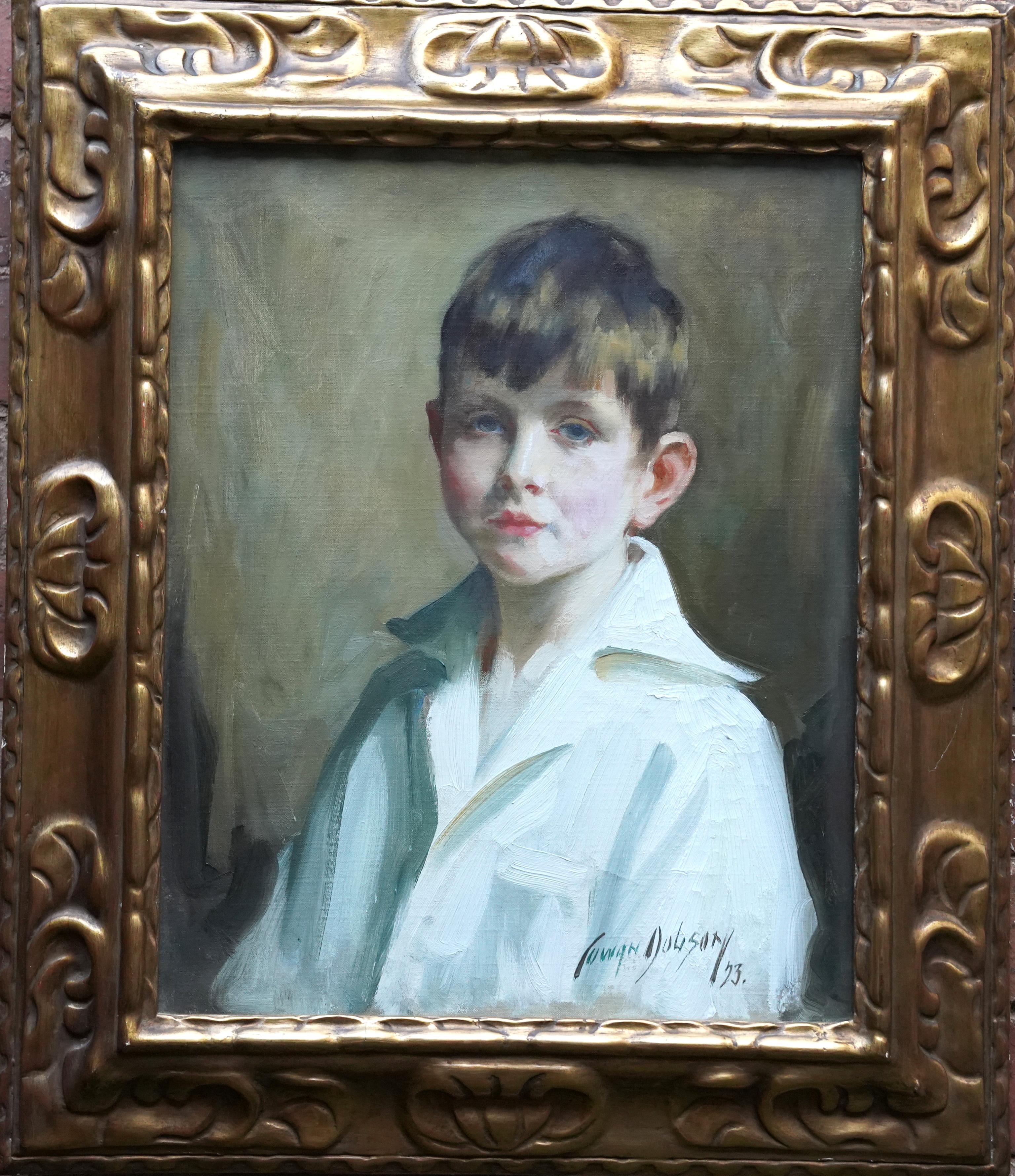 Portrait of a Boy in White Shirt - Scottish 1920's Art Deco male oil painting For Sale 7