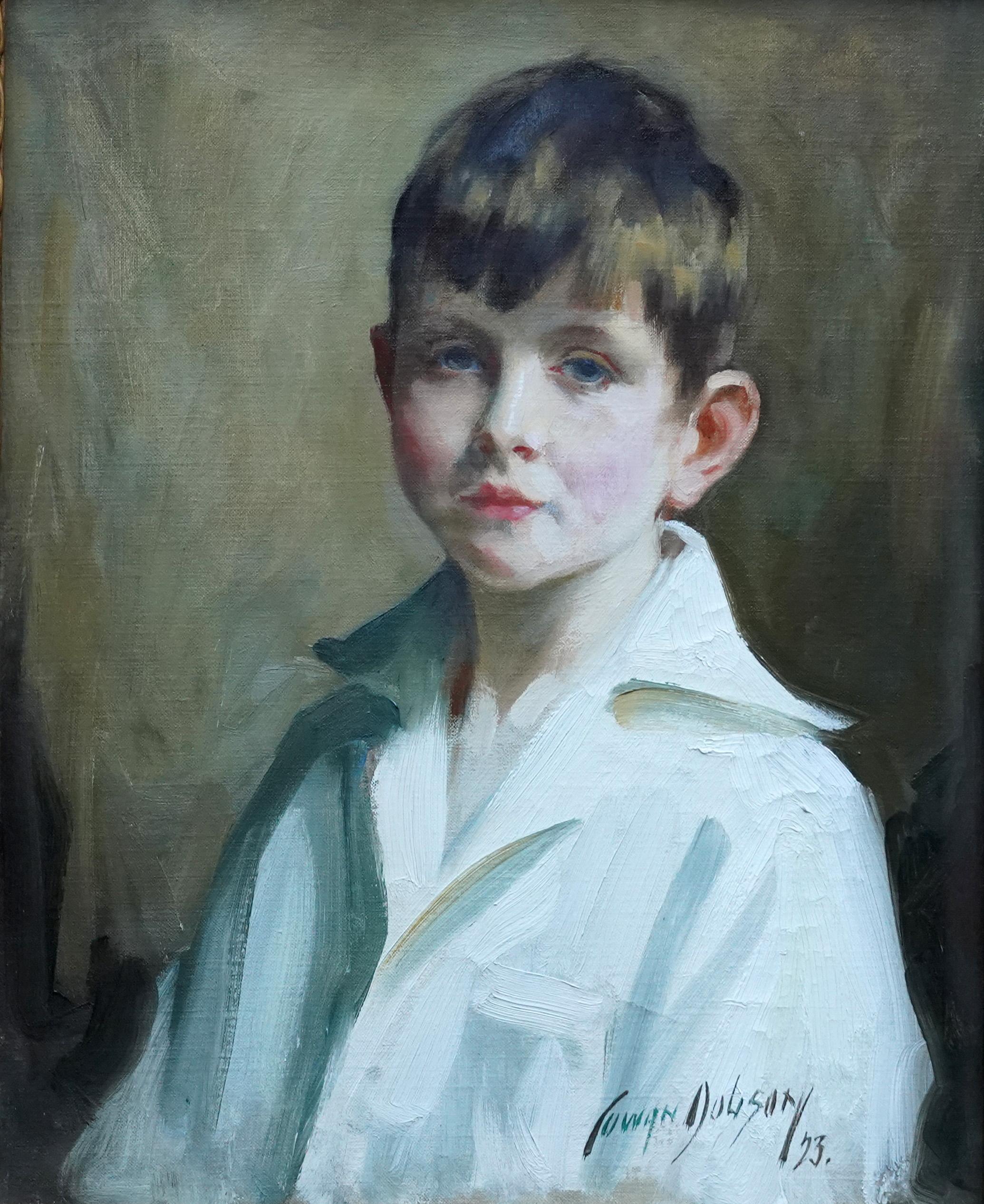 Portrait of a Boy in White Shirt - Scottish 1920's Art Deco male oil painting - Painting by David Cowan Dobson