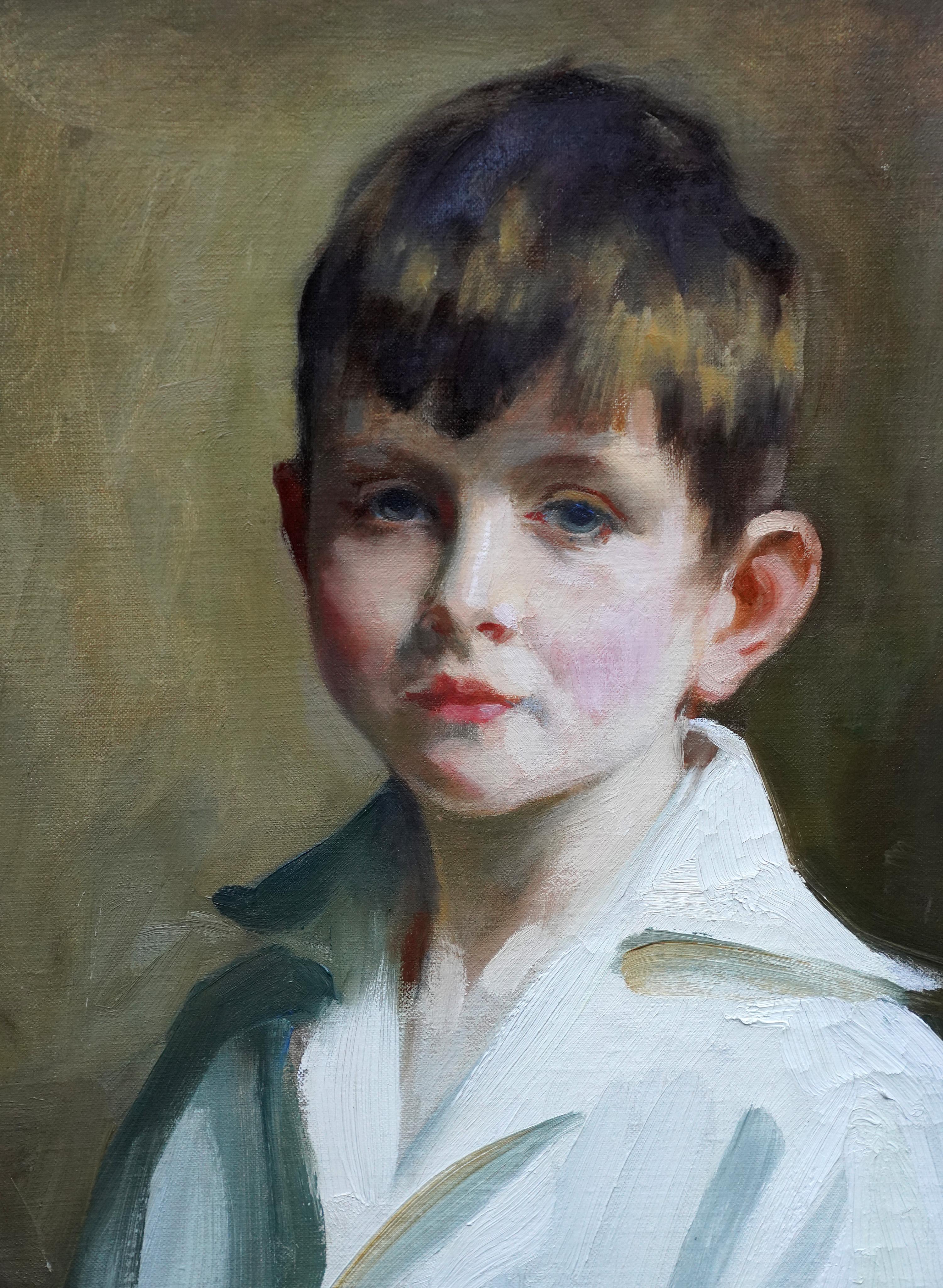 Porträt eines Jungen in weißem Hemd – schottisches Art-Déco-Ölgemälde, 1920er Jahre (Art déco), Painting, von David Cowan Dobson