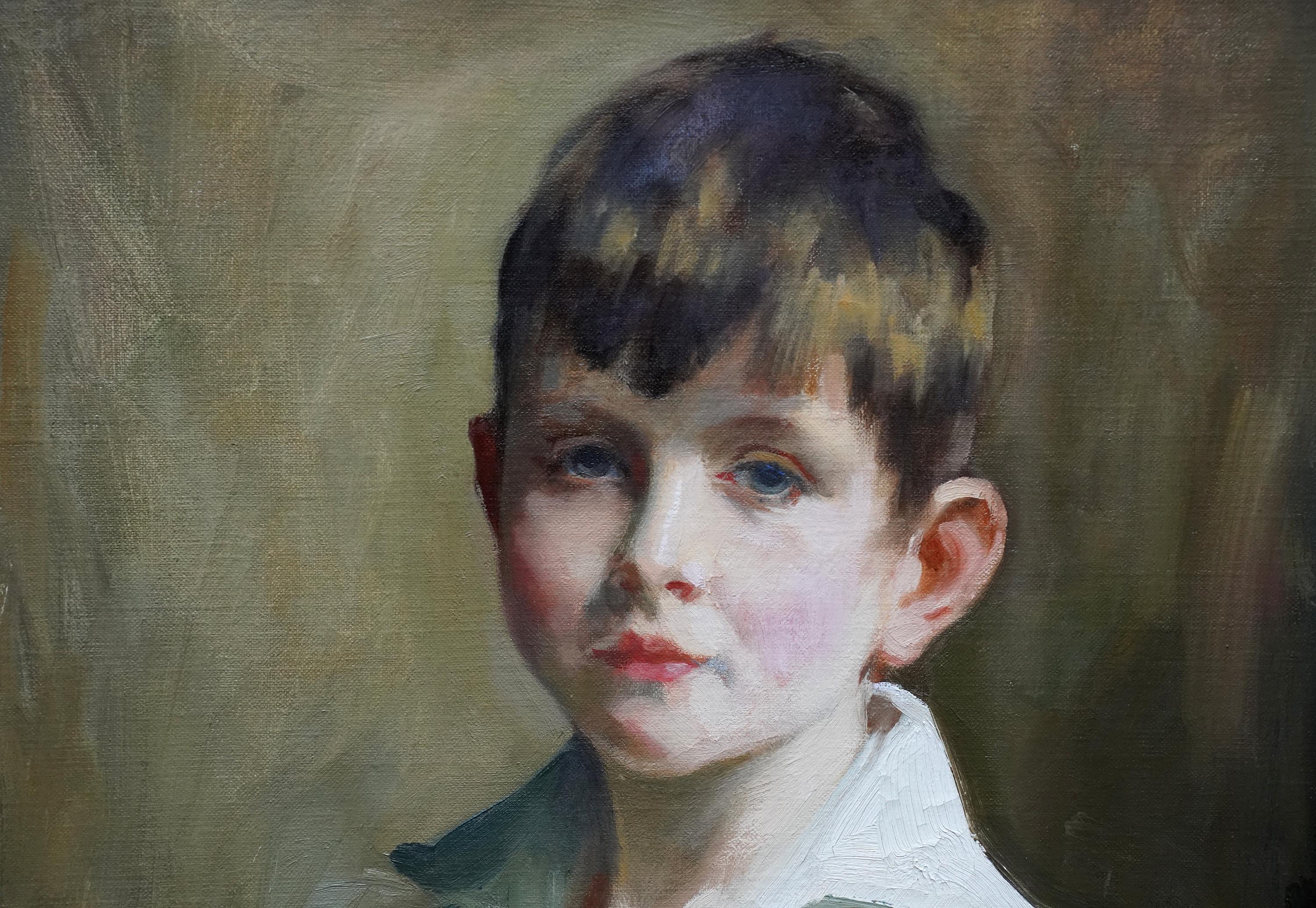 This superb Art Deco portrait oil painting is by noted Scottish artist Cowan Dobson. Painted in 1923 it is a really light and bright portrait of a young boy. The light catching his white shirt and face illuminate him beautifully as his blue eyes