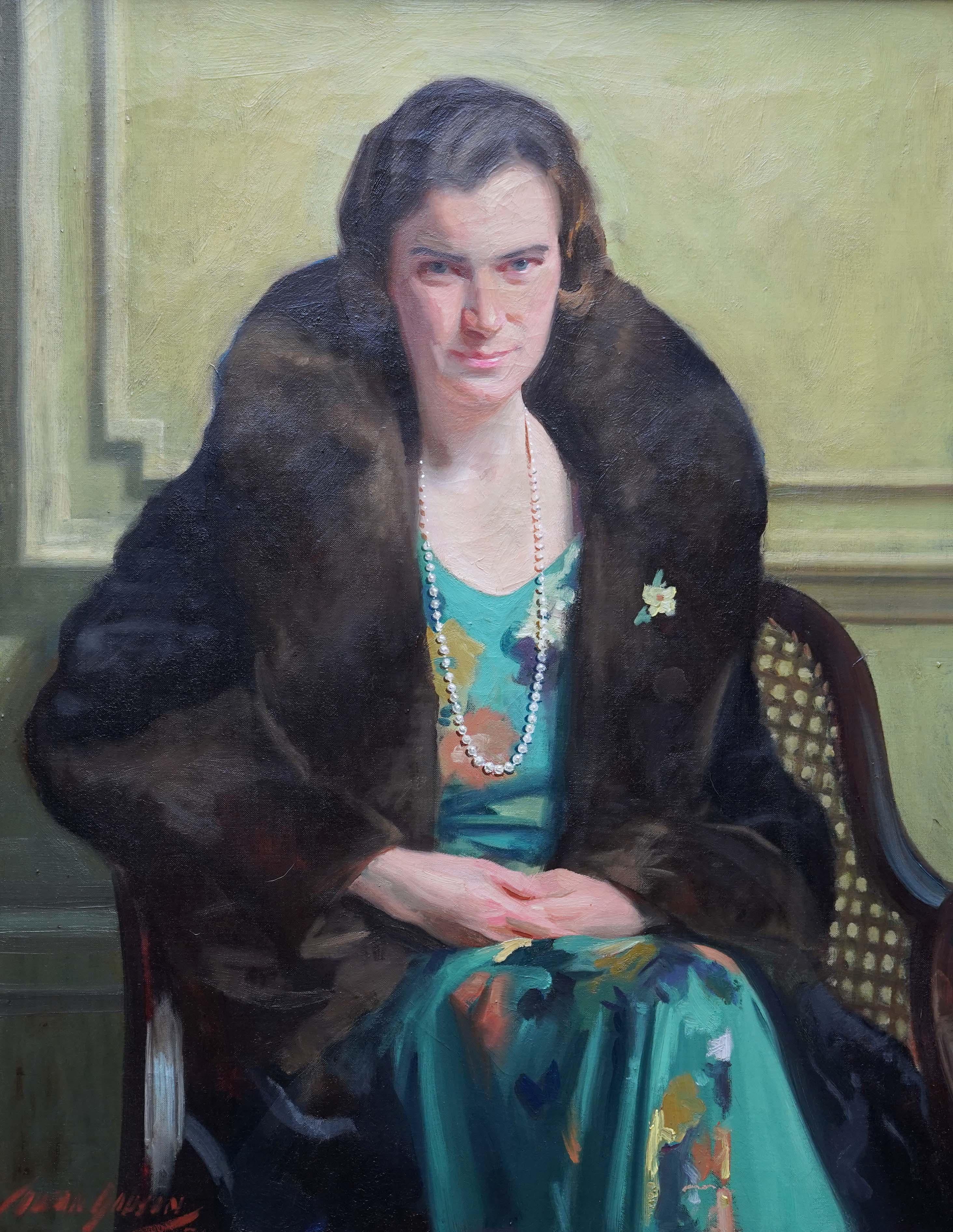 Porträt einer Dame in grünem Kleid - schottisches Art-Déco-Ölgemälde aus den 1930er Jahren im Angebot 5
