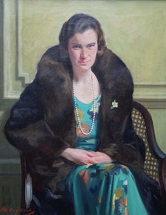 Ritratto di signora in abito verde - dipinto ad olio in stile Art Deco scozzese del 1930