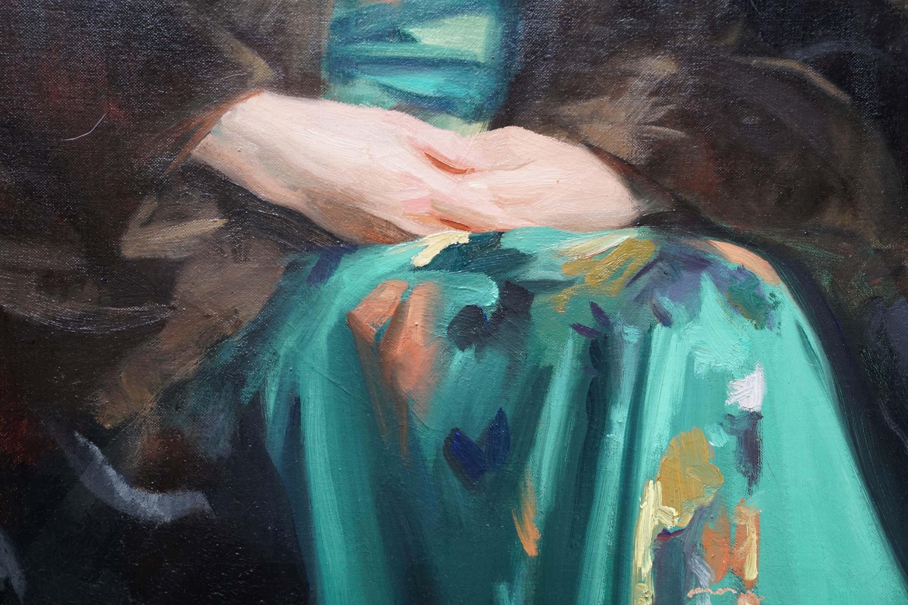 Porträt einer Dame in grünem Kleid - schottisches Art-Déco-Ölgemälde aus den 1930er Jahren im Angebot 1