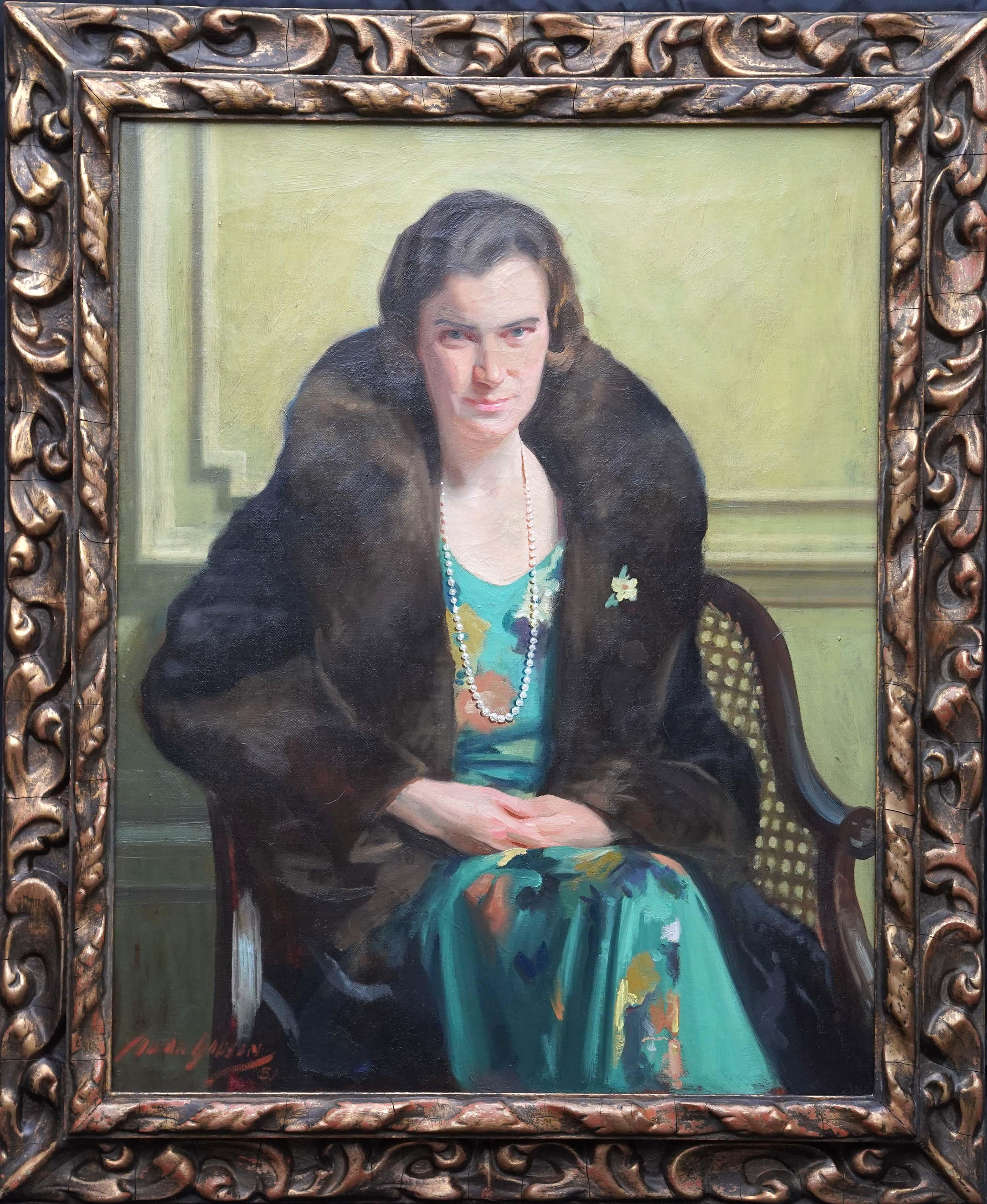 Retrato de una dama vestida de verde - Óleo Art Decó escocés de 1930