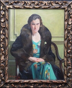 Retrato de una dama vestida de verde - Óleo Art Decó escocés de 1930