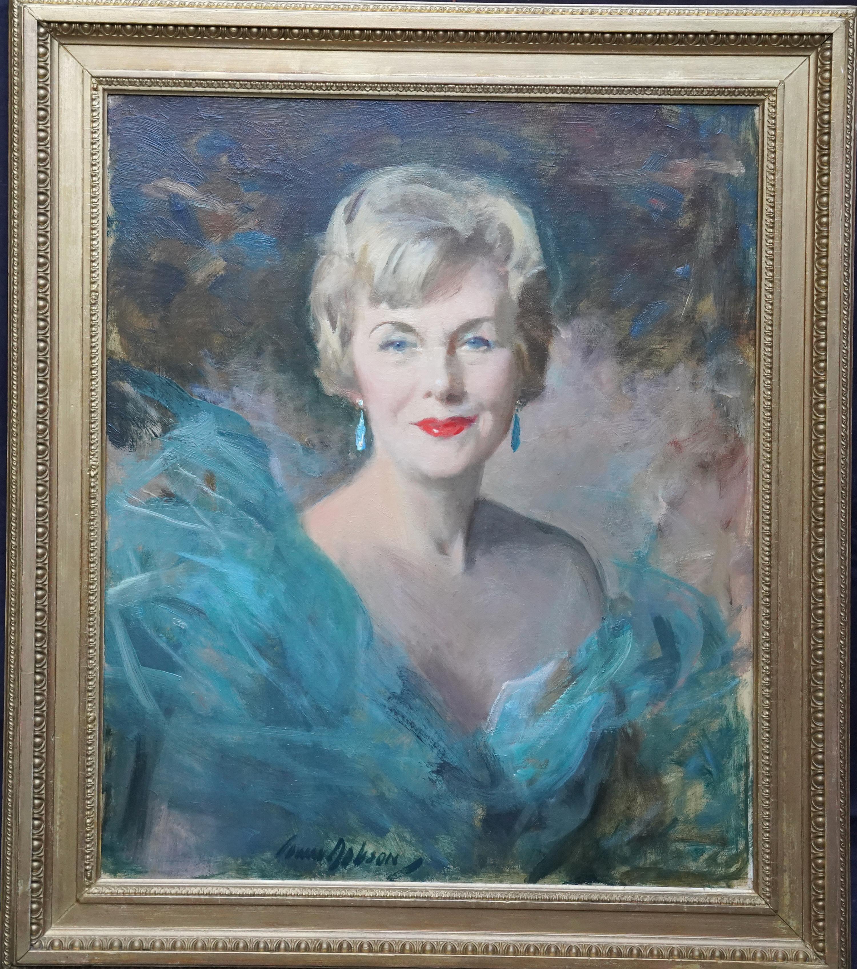 Portrait of a Lady in Turquoise Dress - Scottish female portrait oil painting For Sale 8