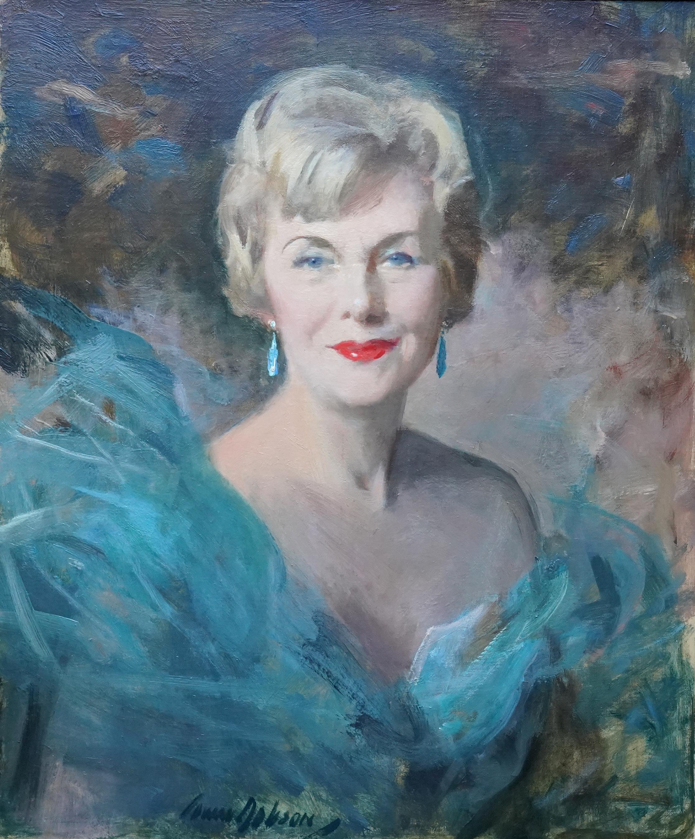 Portrait of a Lady in Turquoise Dress - Scottish female portrait oil painting - Painting by David Cowan Dobson