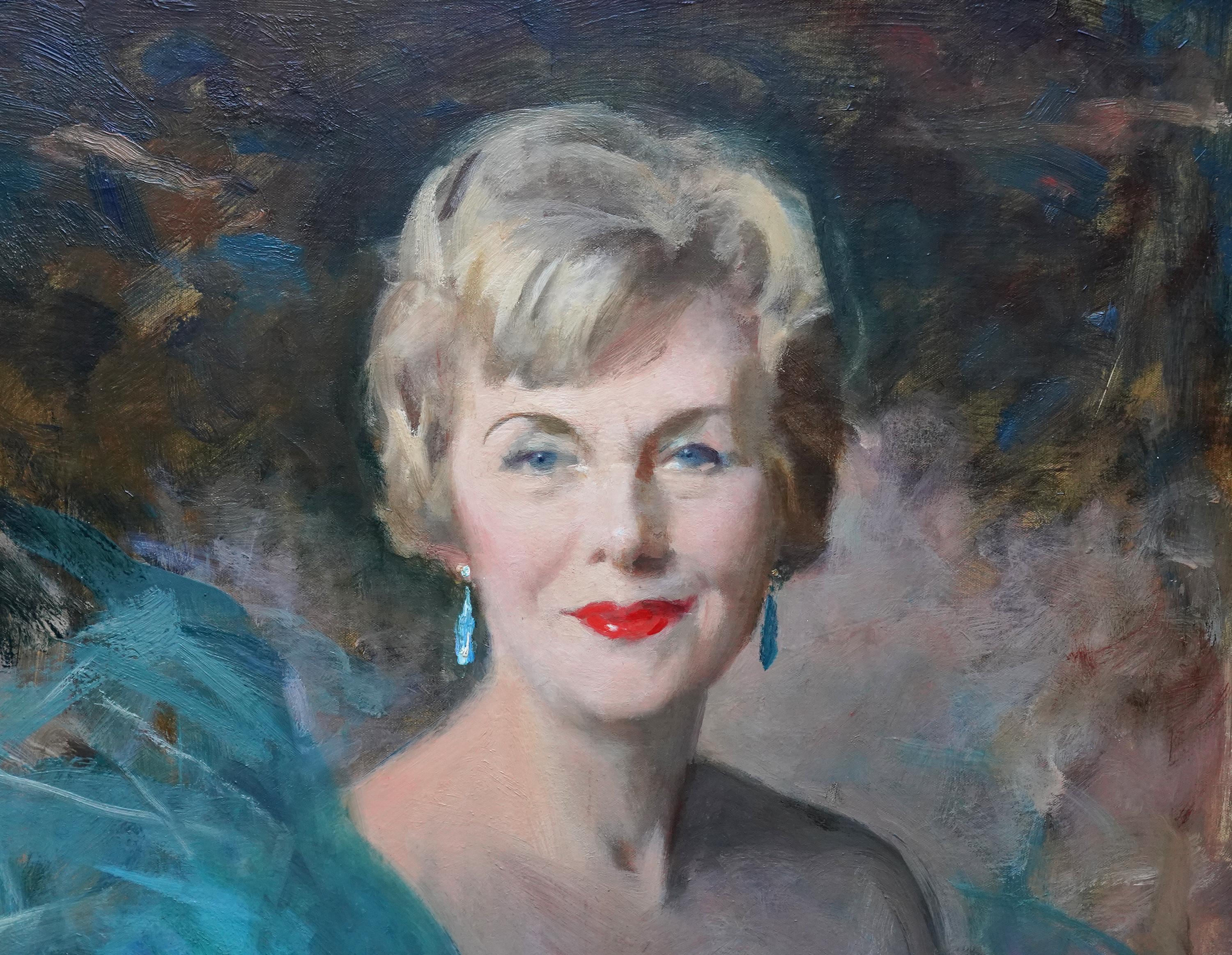 Portrait of a Lady in Turquoise Dress - Scottish female portrait oil painting For Sale 2