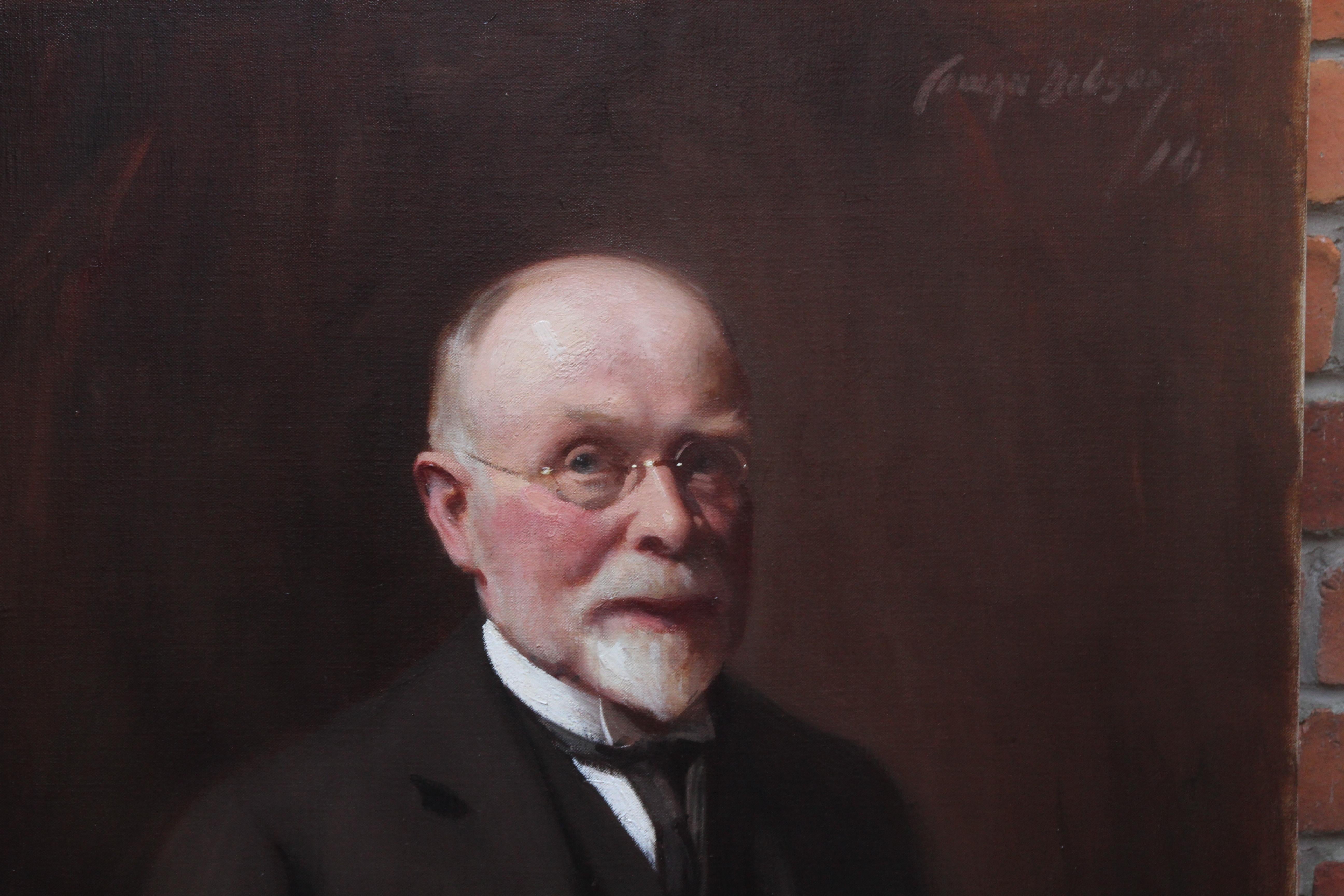 This impressive large portrait realist oil painting is by noted Scottish artist David Cowan Dobson. One of a pair, the sitter is Mr R H Sinclair and dates to 1914. He is beautifully captured as an aging, dignified gentleman with his glasses and