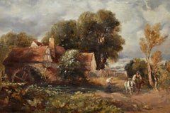 Figures by a Mill - Fine English Oil on Canvas Antique Landscape Painting