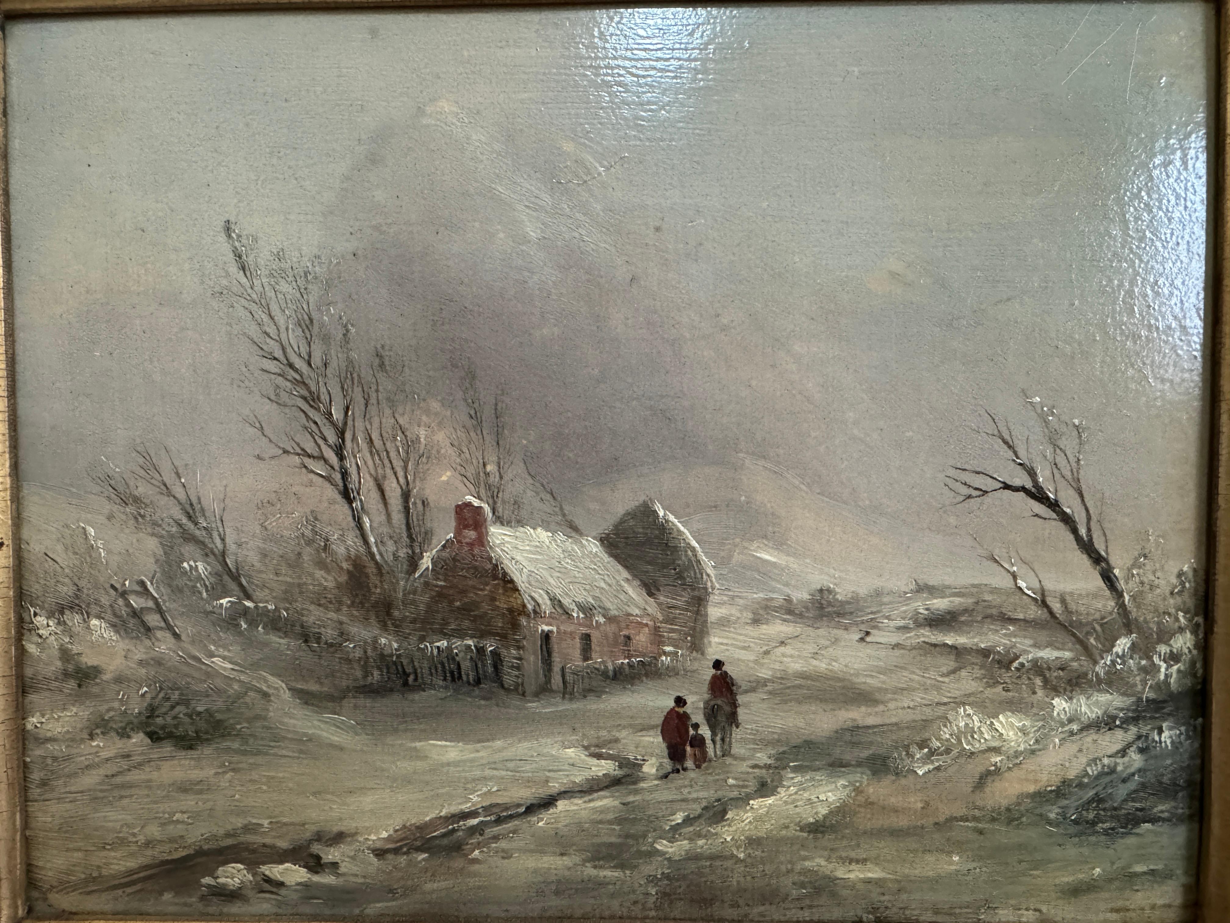 David Cox  Schneelandschaft  um 1840, verso beschriftet.  

Ganz in der Art von David Cox (1783 - 1859), hat ein Etikett der Einrahmer und der Tafel 