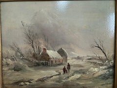 Snow Scene Painting, Hand-Painted on Plywood, Circa 1840, England