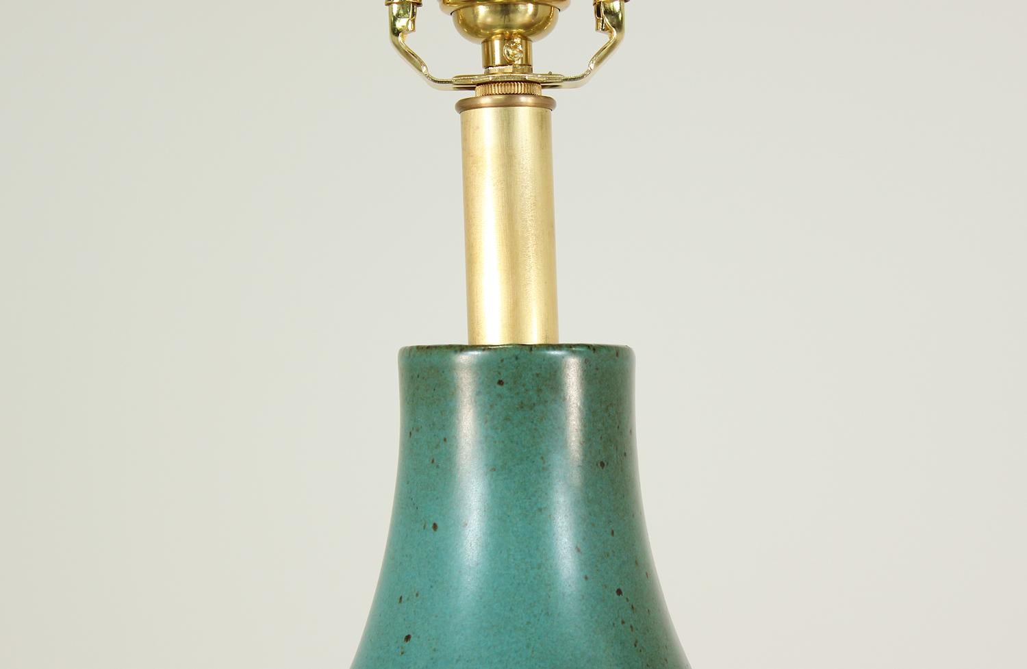 Brass David Cressey Glazed Teal Ceramic Table Lamp for Architectural Pottery