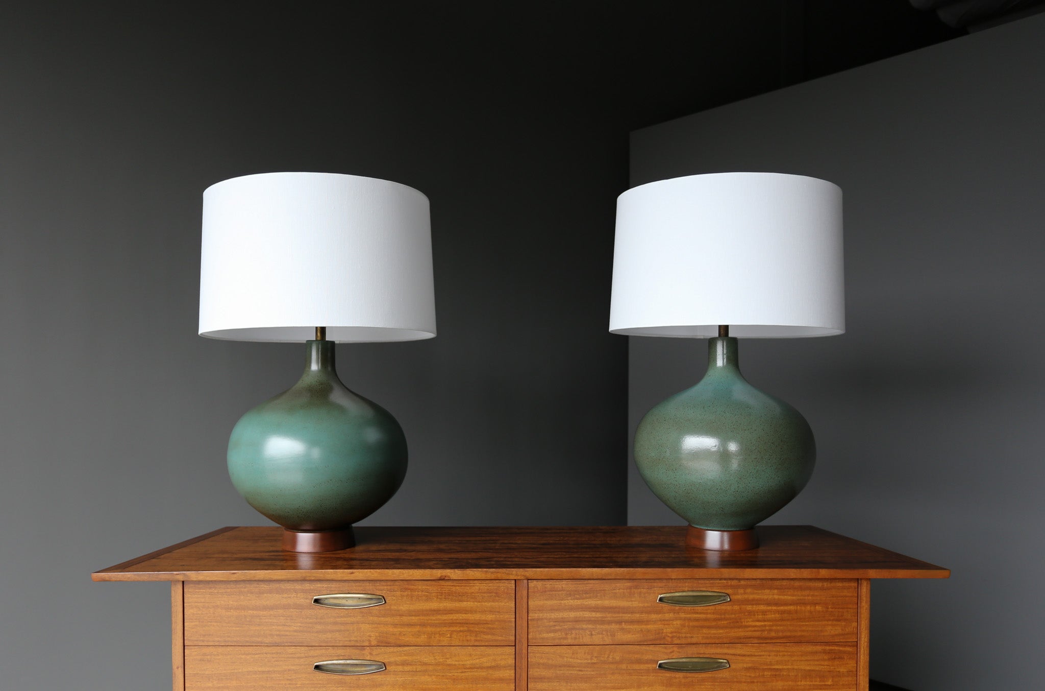David Cressey Large Scale Ceramic Lamps, California, circa 1970.  This pair has been professionally rewired.  

Measures: 25.5
