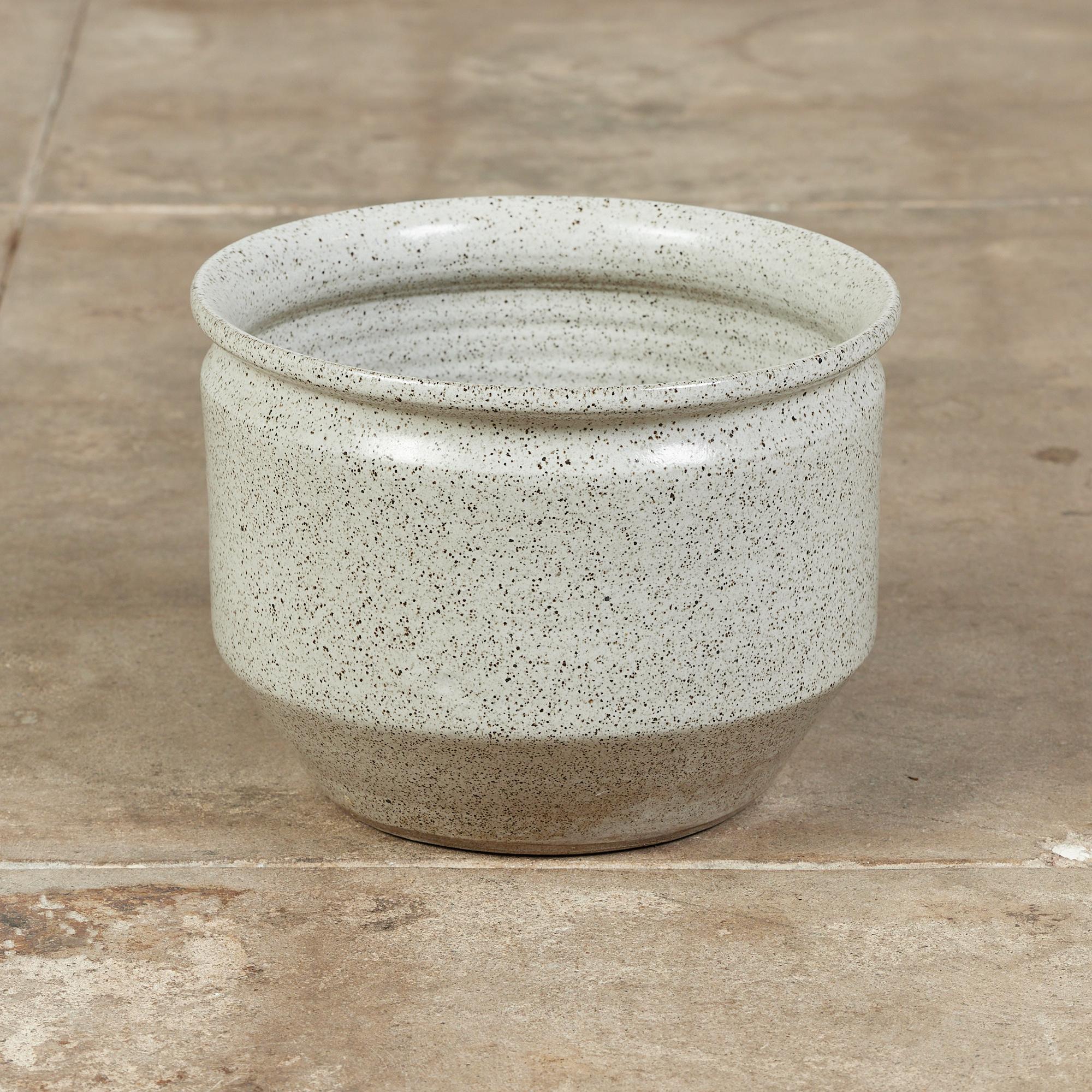 Ceramic bowl planter from David Cressey's Pro/Artisan collection for Architectural Pottery. The planter has a gray speckled glazed interior and exterior, with slightly bowed sides and a flattened lip. 

Dimensions: 11.5