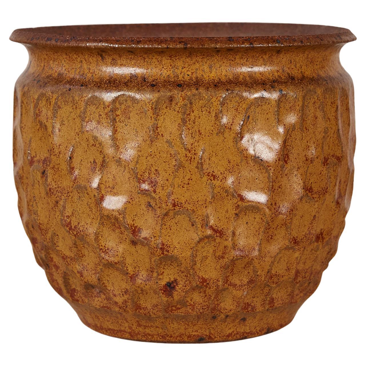 Vintage studio pottery planter Ceramic Circa 1970s. Mid-century Medium pot Wide neck Vase Plant pot Brown/cream glaze