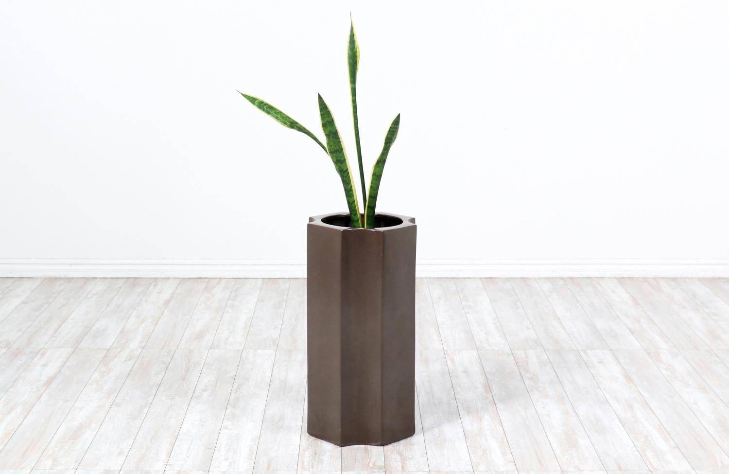 David Cressey sculpted geometric brown planter for architectural pottery.