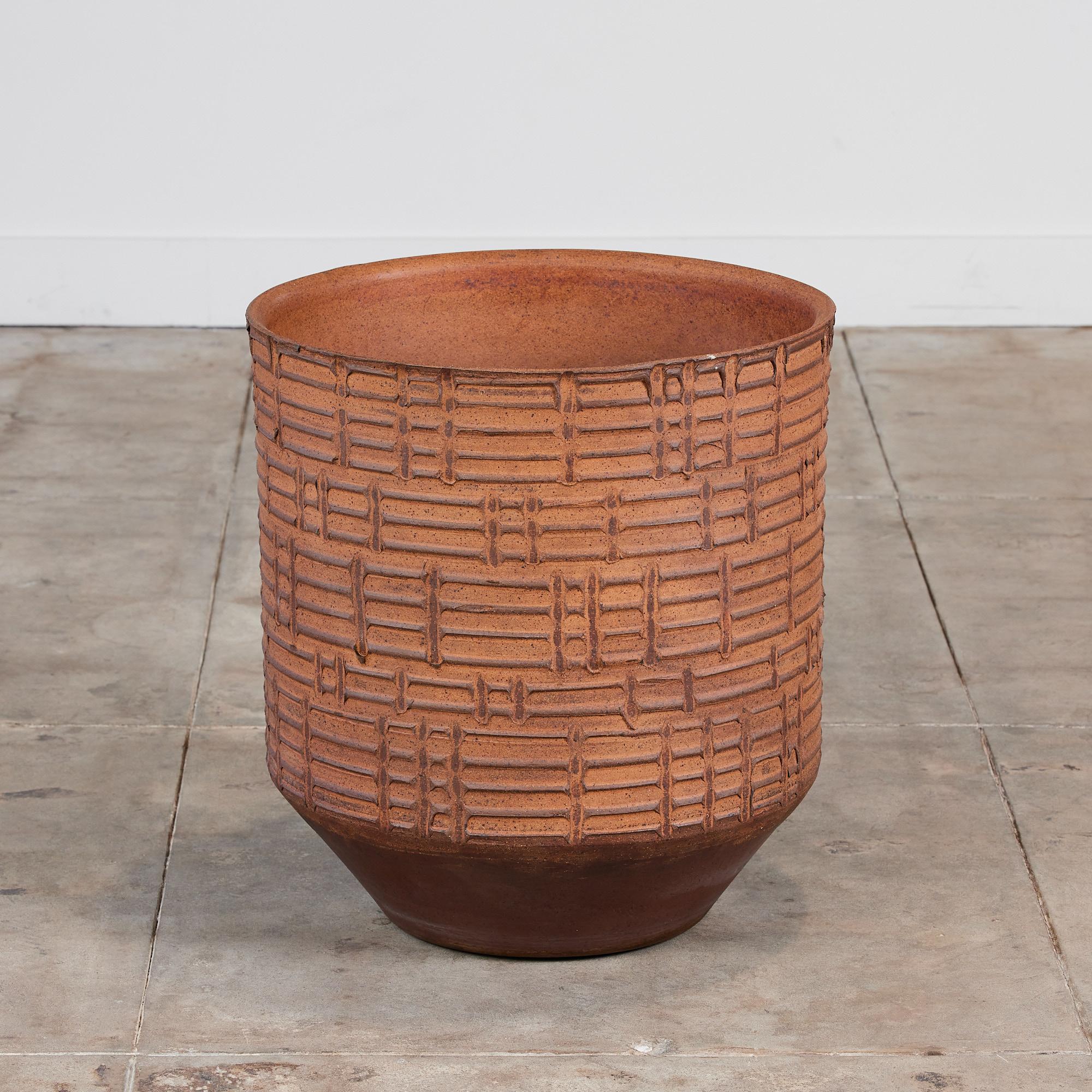 David Cressey Pro/Artisan collection Planter for Architectural Pottery. This stoneware planter has a soft speckled unglazed interior as well as an unglazed natural warm brown clay exterior with the iconic 