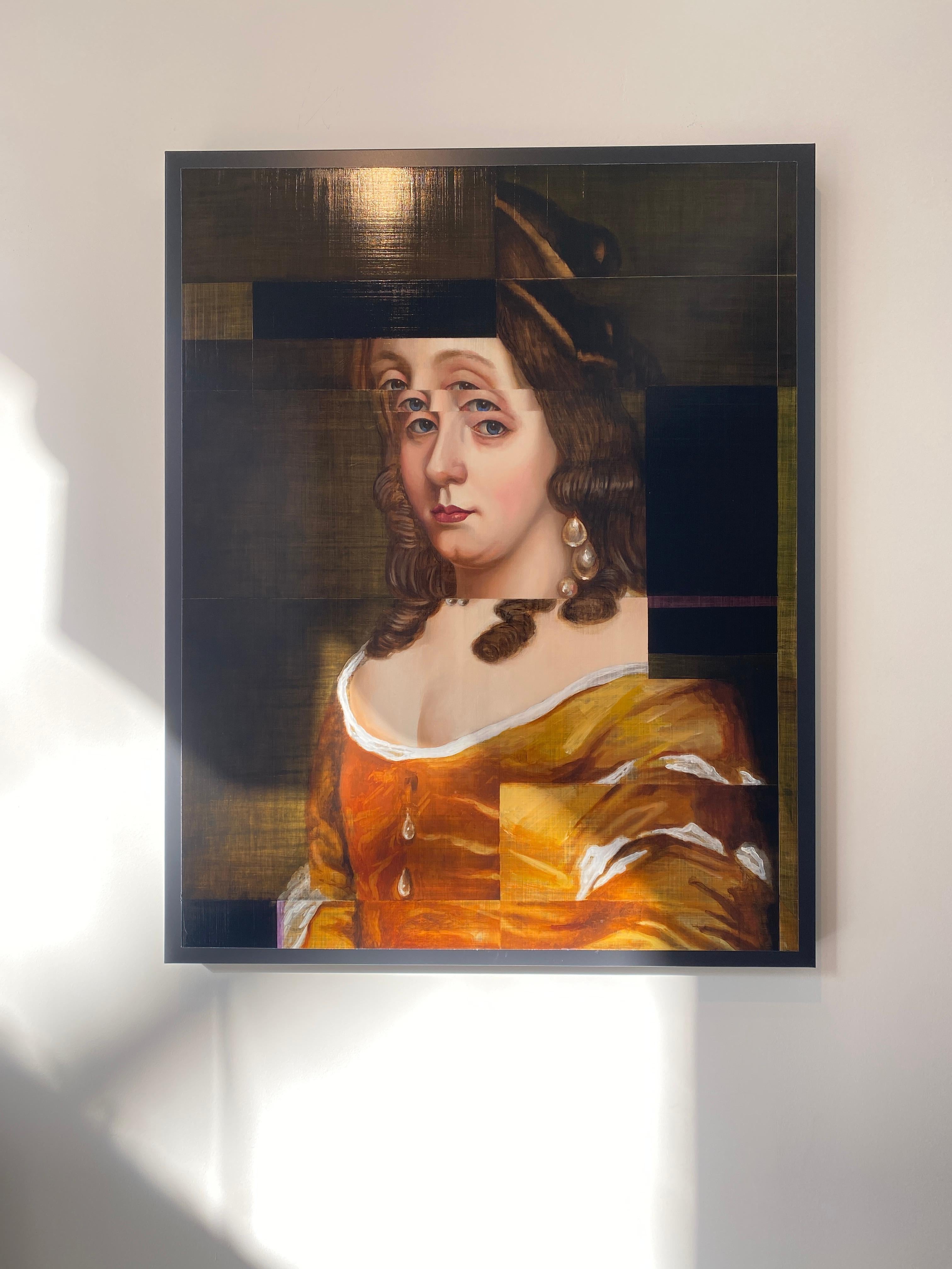 Mezzo ritratto in arancione, Ritratto moderno frammentato, Olio su metallo, Fine Art - Painting di David Crismon