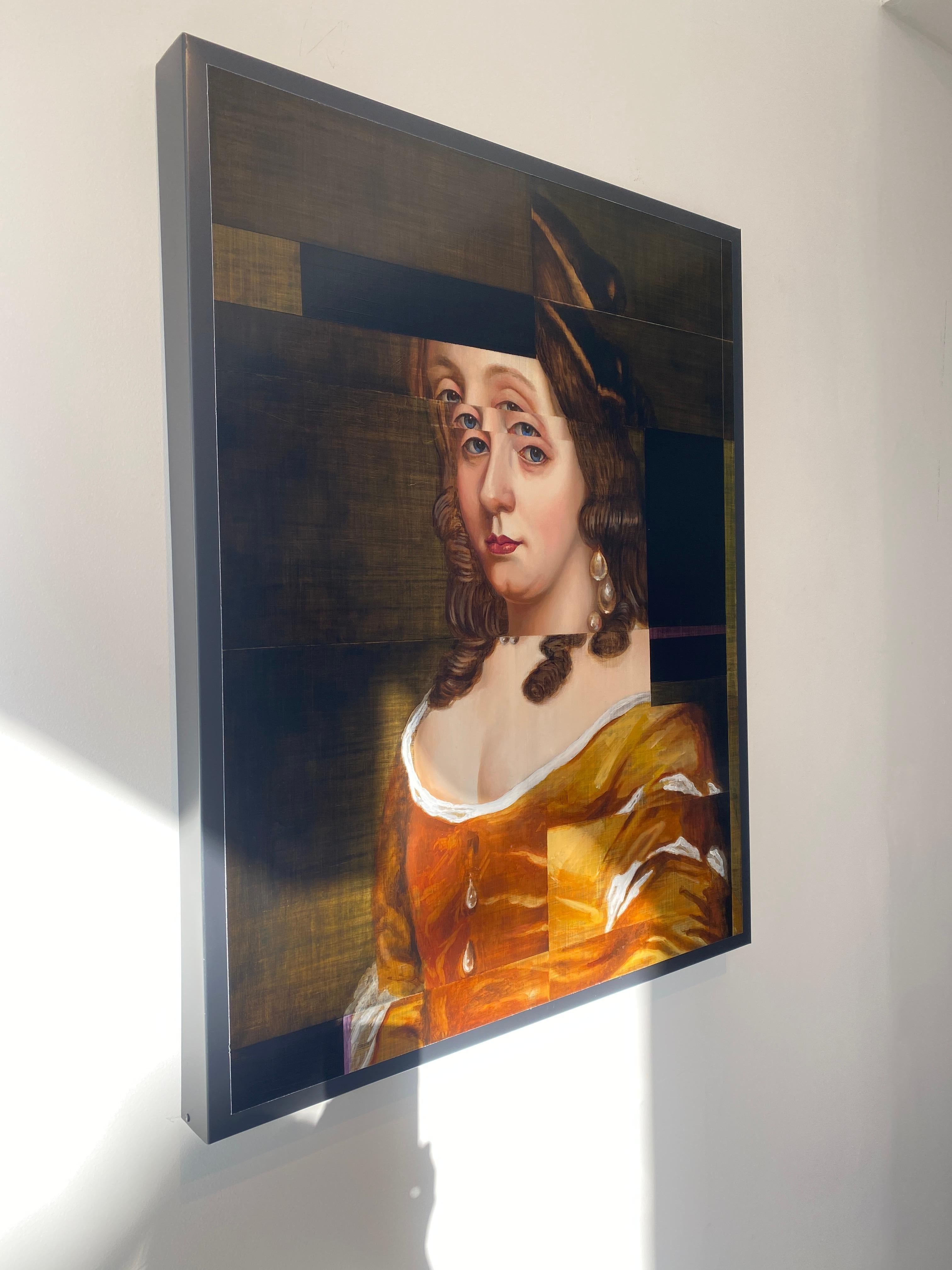 Mezzo ritratto in arancione, Ritratto moderno frammentato, Olio su metallo, Fine Art - Painting Contemporaneo di David Crismon