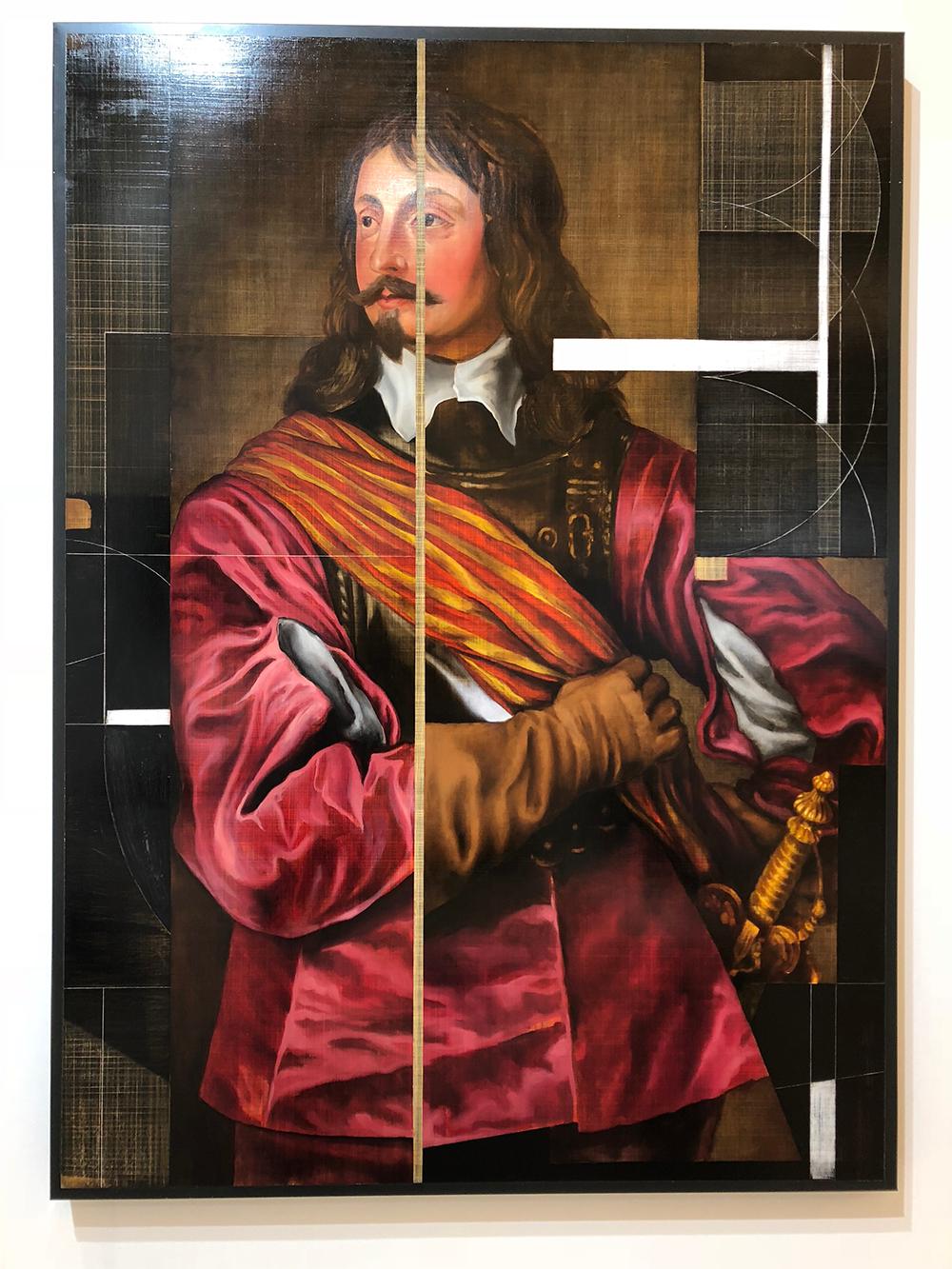 David Crismon Portrait Painting – Sir John Mennes, aristicratisches Porträt mit modernem Ansatz, Öl auf Metall 