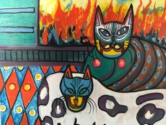 'Crazy Cats by Fireplace' by David Crown, Acrylic on Canvas; Framed, c. 1980s
