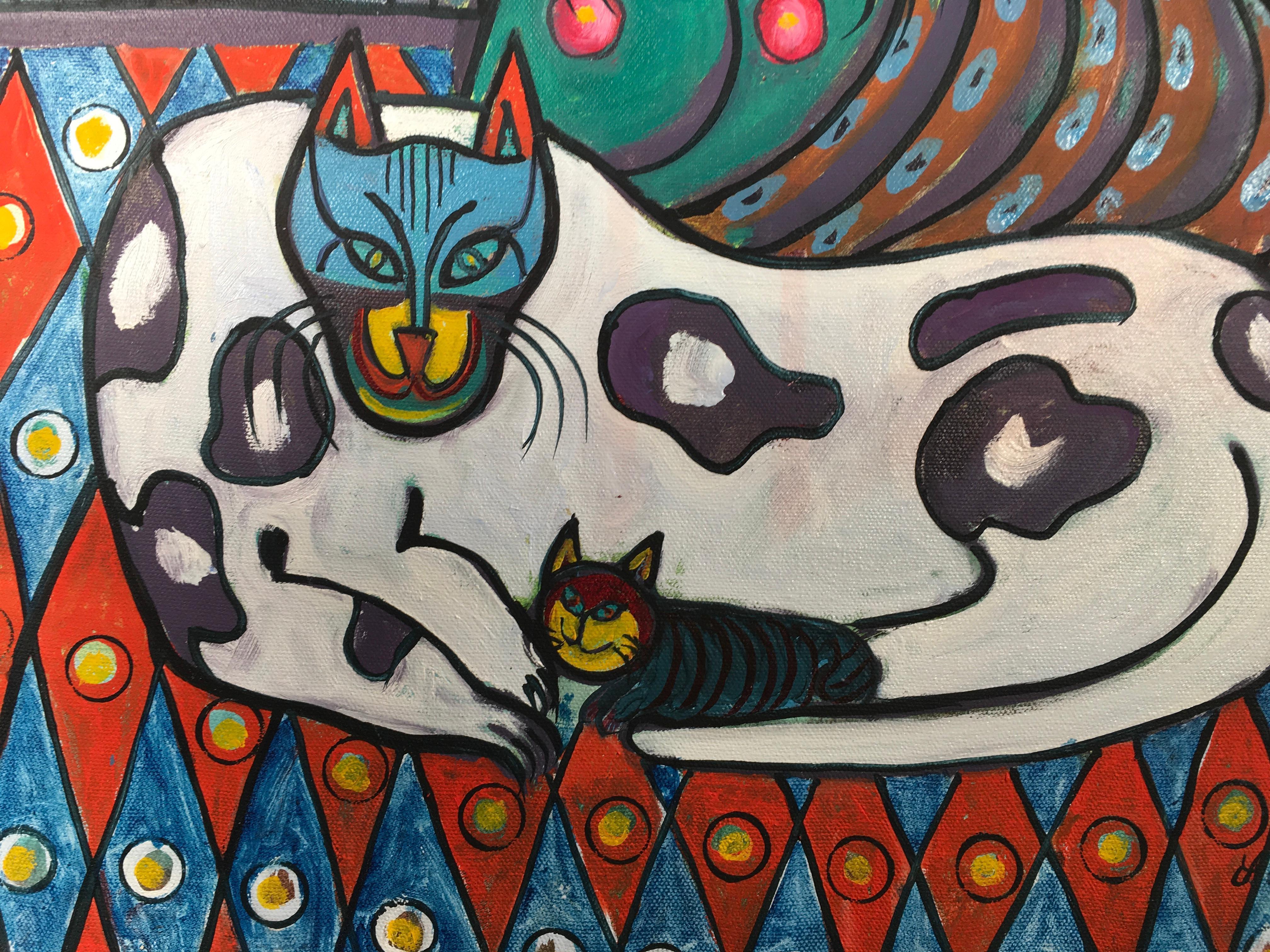 'Gatti pazzi vicino al camino' , di David Crown, Acrilico su tela - Abstract Painting Beige di David Crown 