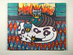 Gatos locos junto a la chimenea" , por David Crown, acrílico sobre lienzo