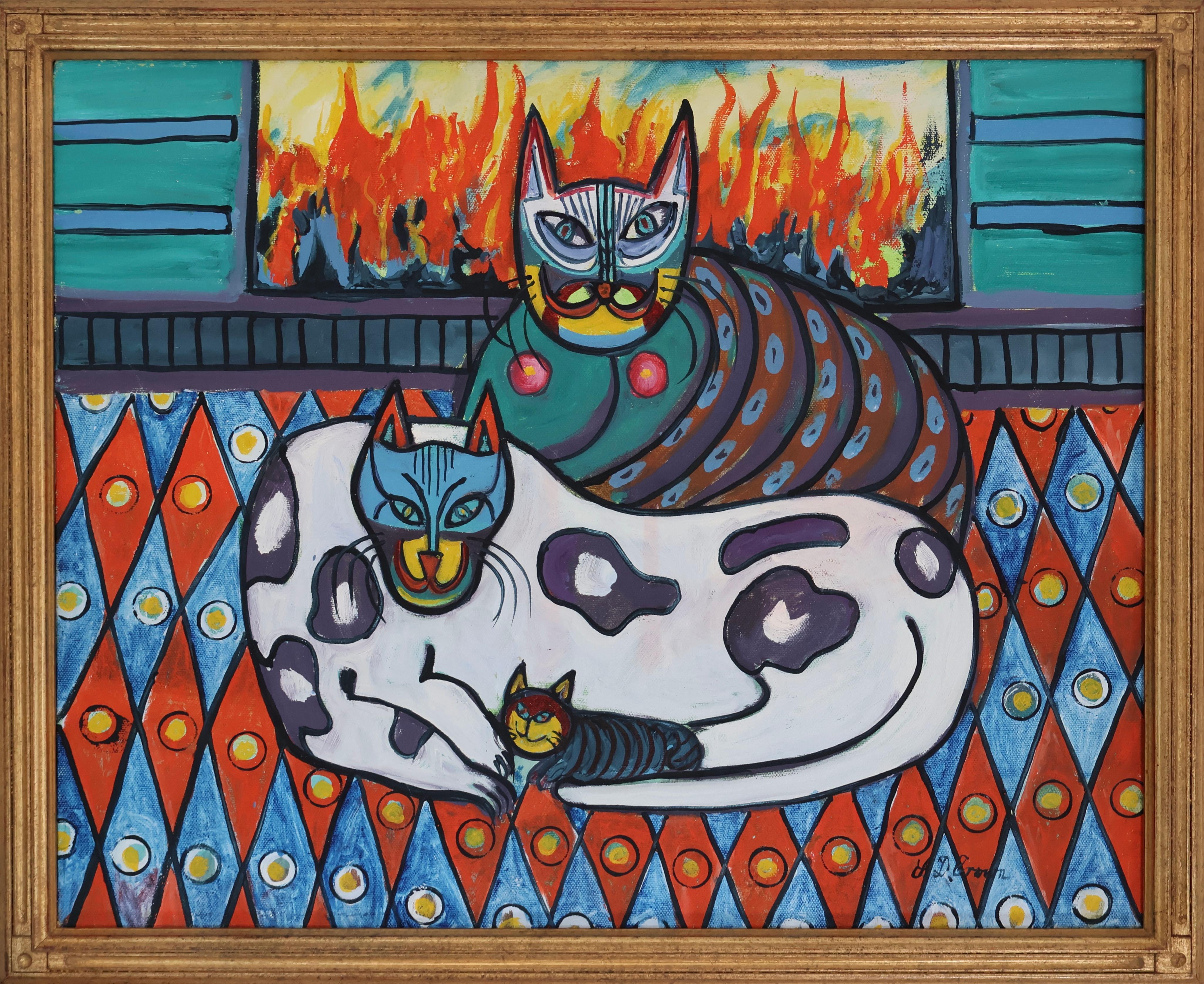 Crazy Cats by Fireplace" par David Crown, Acrylique sur toile ; encadré, c. C. 1980