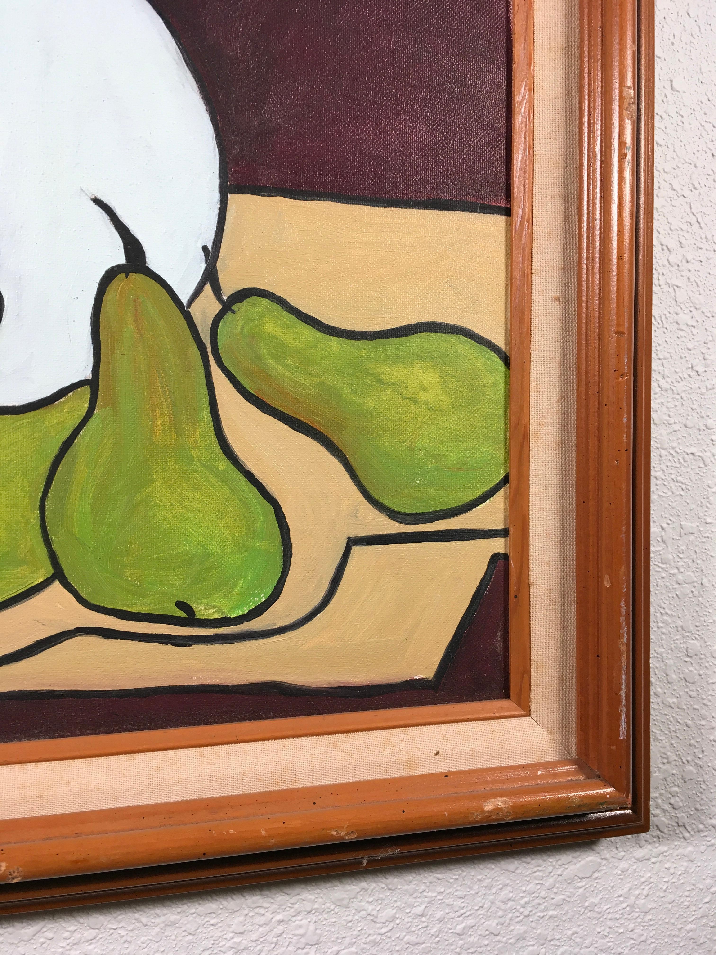 'Still Life with Lamp and Bartlett Pears', By David Crown, Acrylic on Canvas - Painting by David Crown 